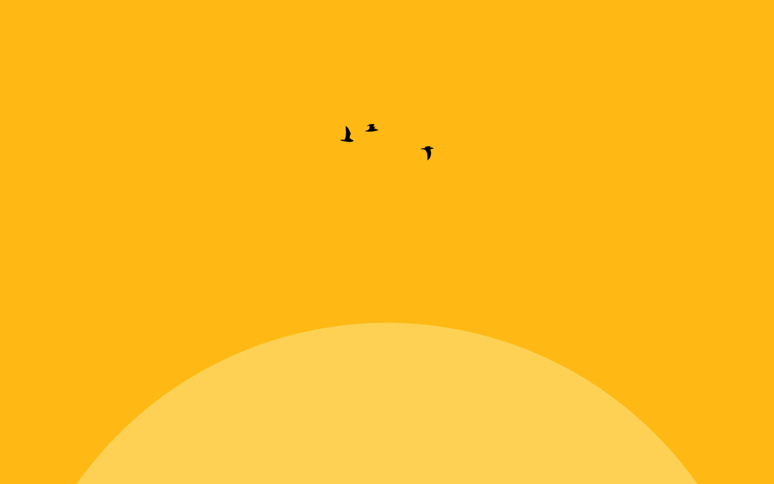 vibrant orange sky, pale yellow horizon curve, three black birds, 2K Desktop Wallpaper