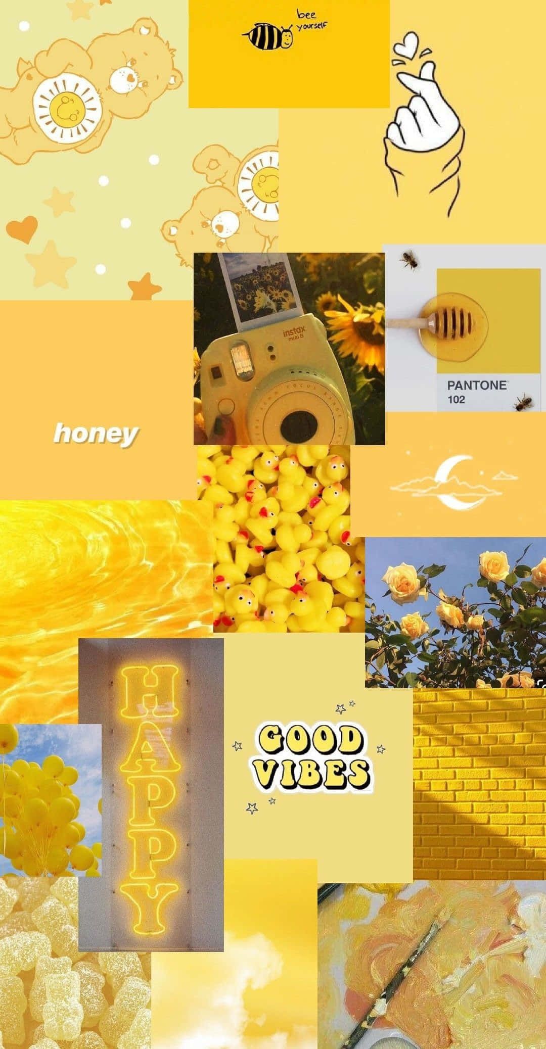 vintage pastel yellow aesthetic, honey bears polaroids, ducks, Full HD Phone Wallpaper