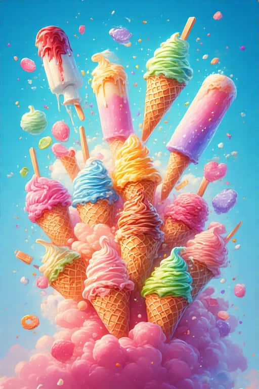 rainbow ice cream cones, popsicles, pink cotton candy cloud, SD Phone Wallpaper
