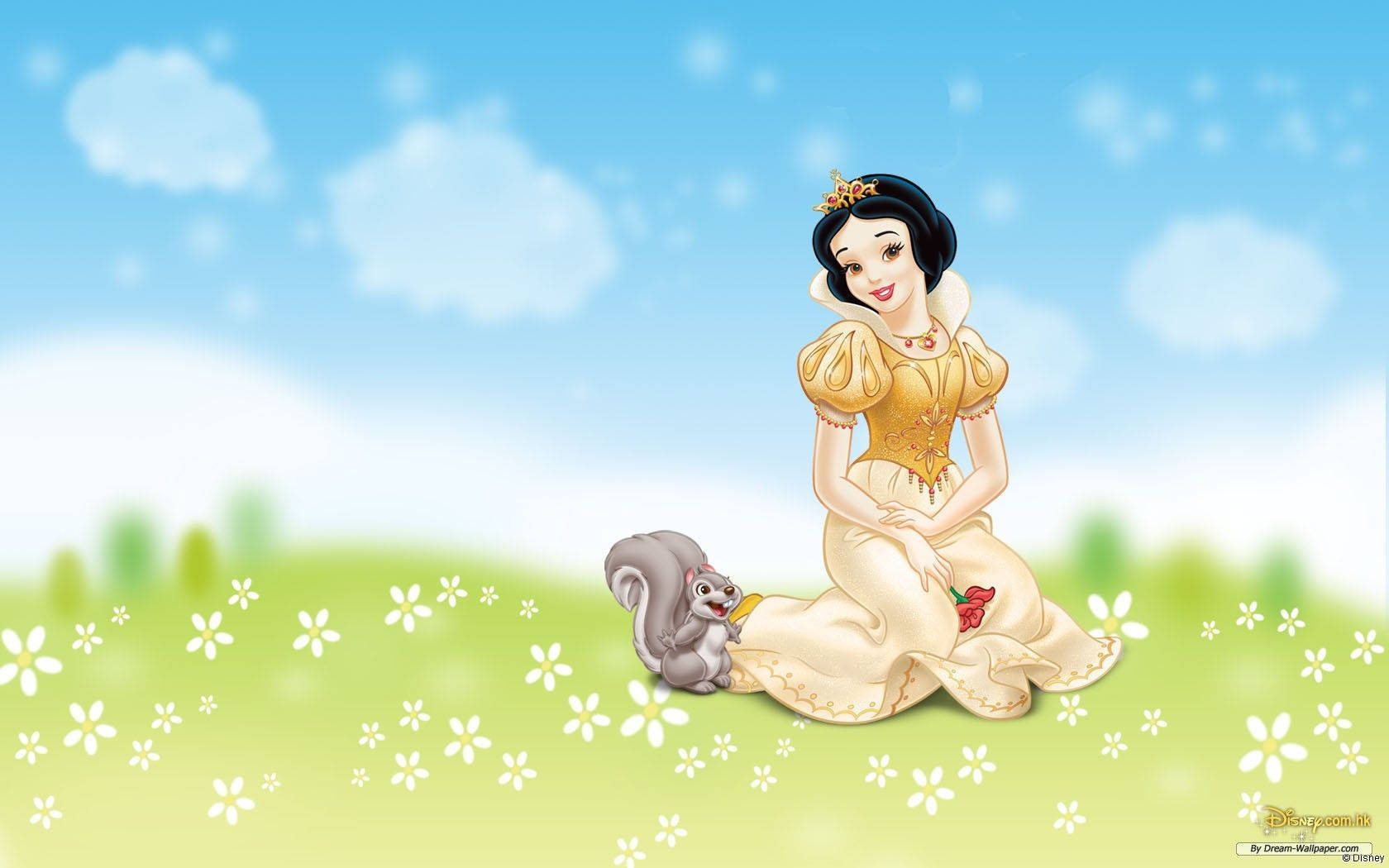 Snow White, golden dress, grassy field, HD Desktop Wallpaper