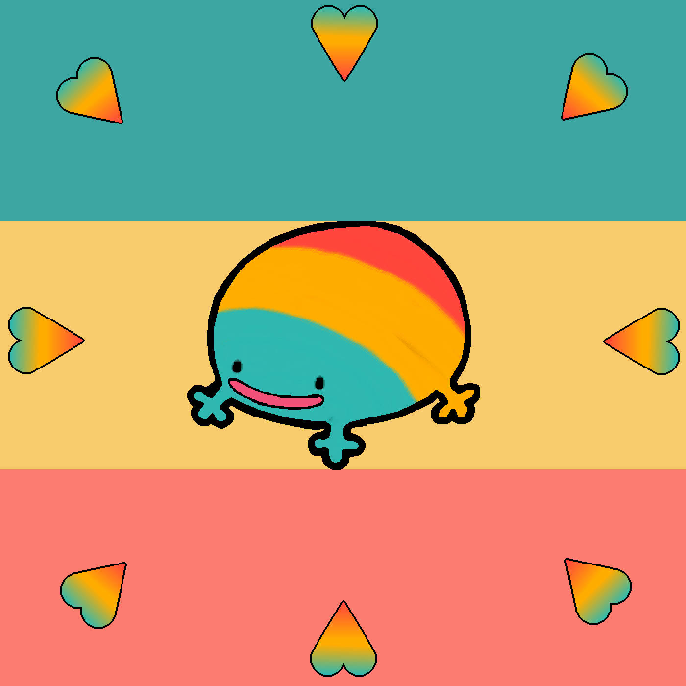 rainbow hearts, cartoon creature, gradient hearts, HD Desktop Wallpaper