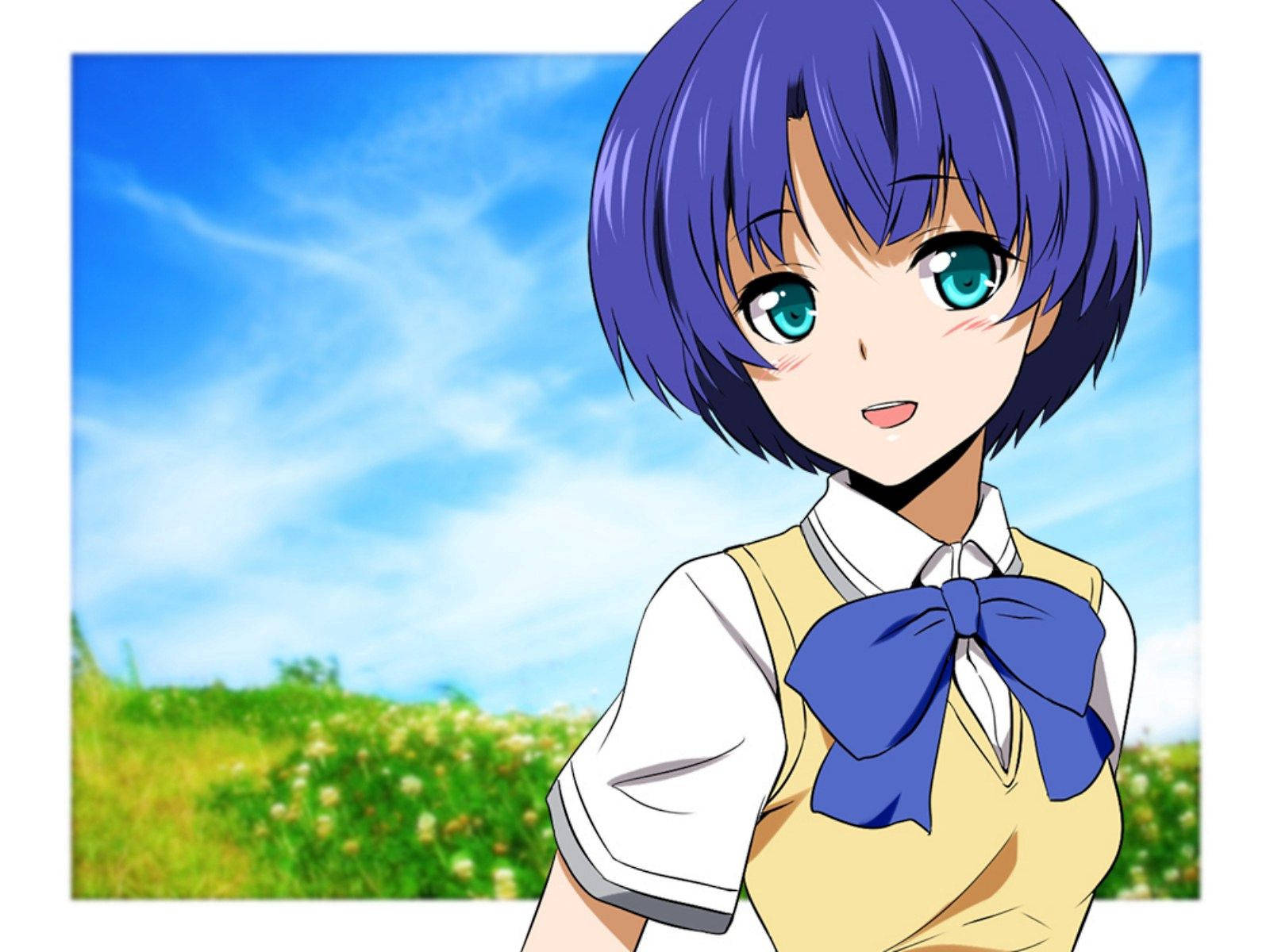 anime girl, purple hair, green eyes, HD Desktop Wallpaper