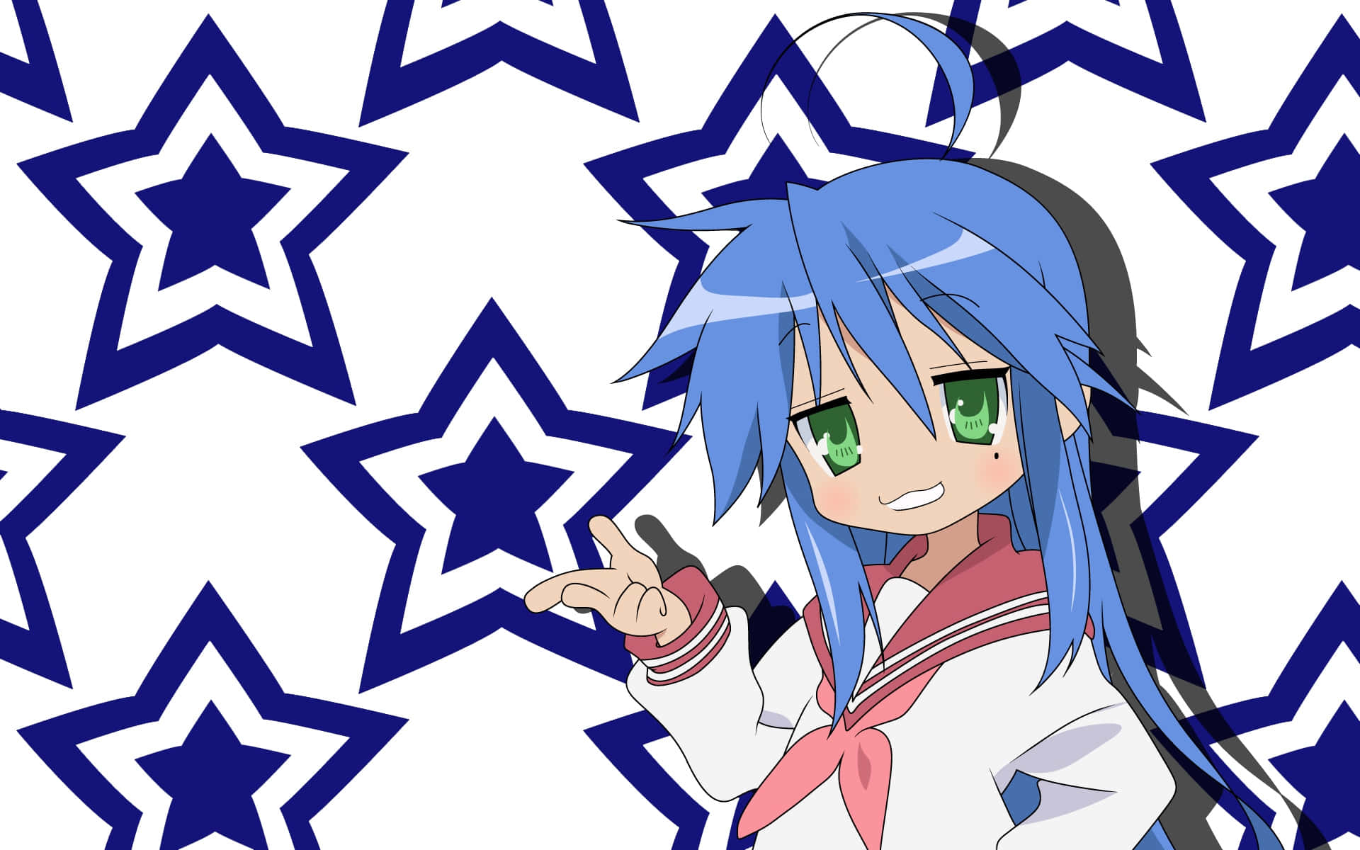 blue haired anime girl, green eyes, peace sign, Full HD Desktop Wallpaper