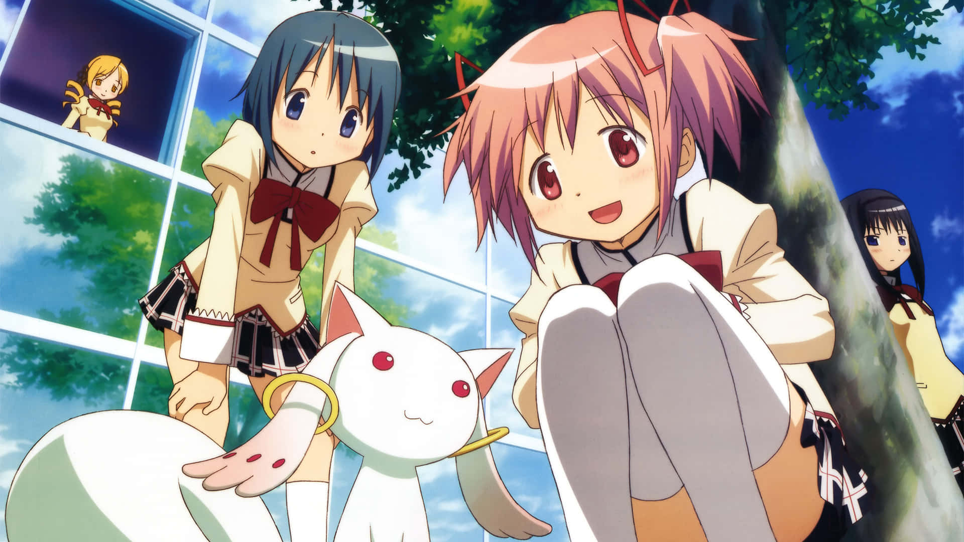 anime girls, school uniforms, white cat-like creature, Full HD Desktop Wallpaper