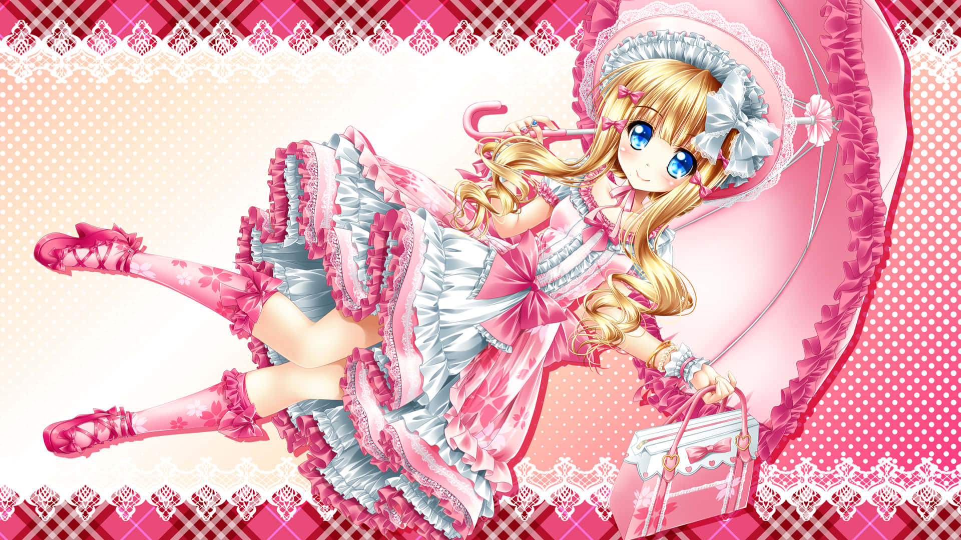 Cutecore, anime girl, pink and white frilly dress, Full HD Desktop Wallpaper