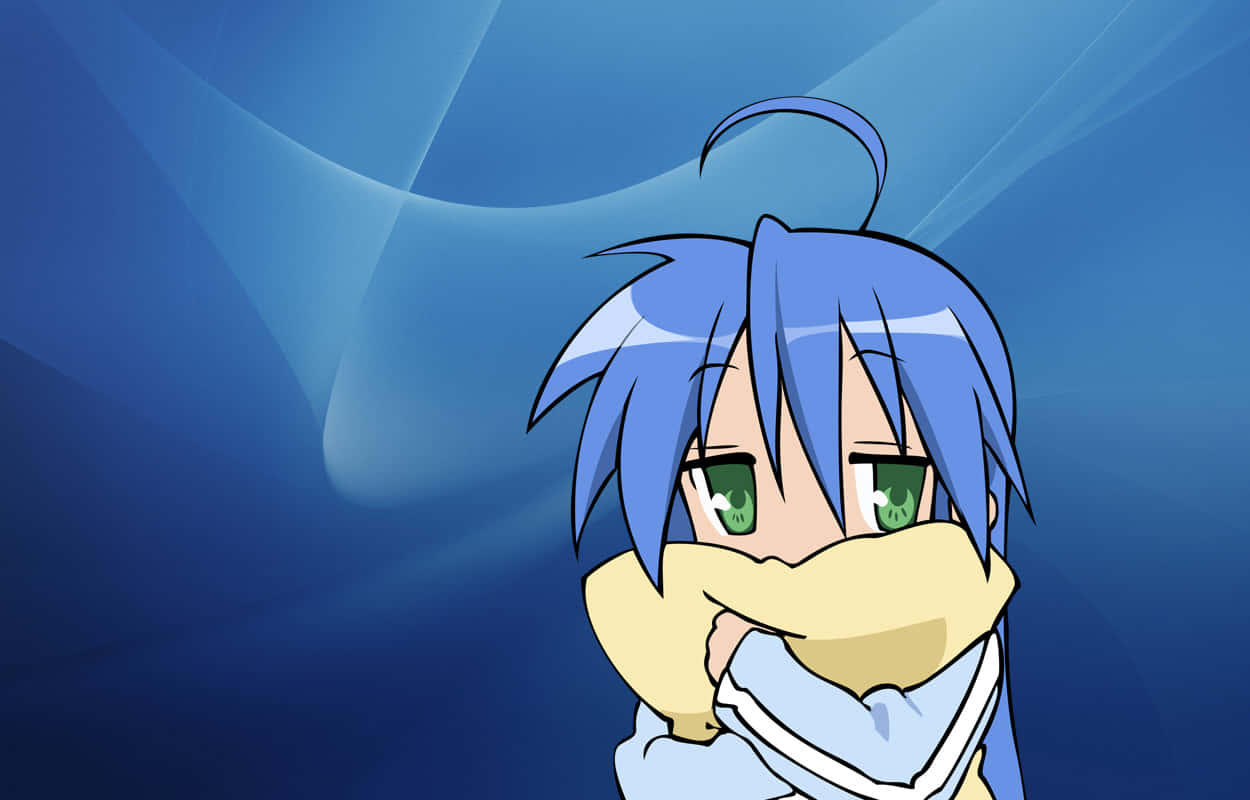 blue-haired anime girl, green eyes, yellow scarf, SD Desktop Wallpaper