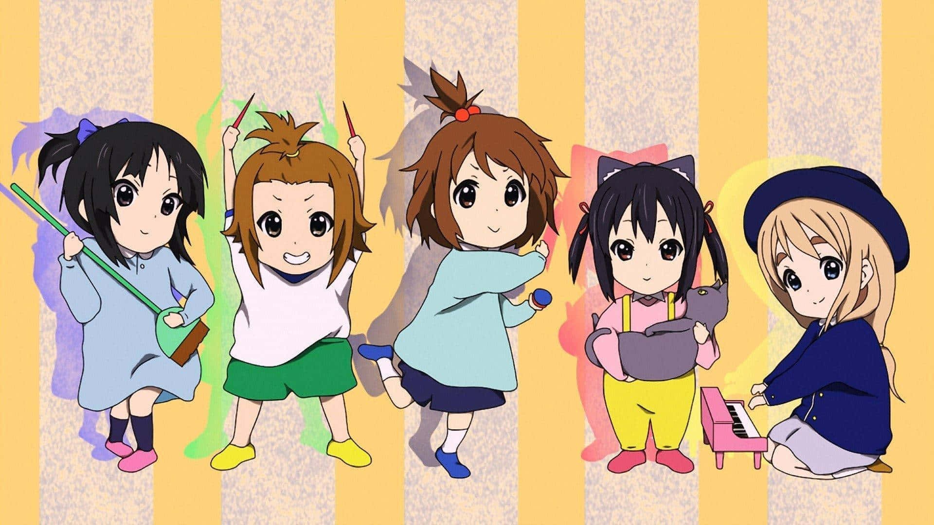 kawaii anime characters group, five cheerful anime girls, colorful outfits, Full HD Desktop Wallpaper