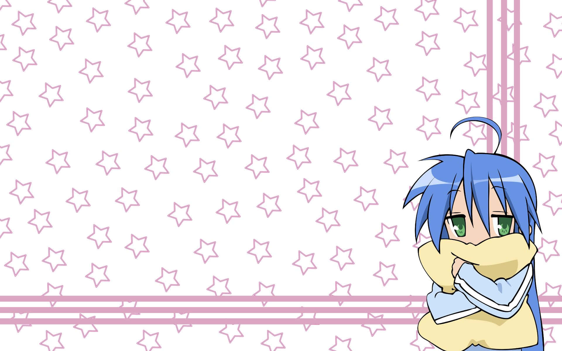 blue-haired anime girl, green eyes, pink star patterns, Full HD Desktop Wallpaper