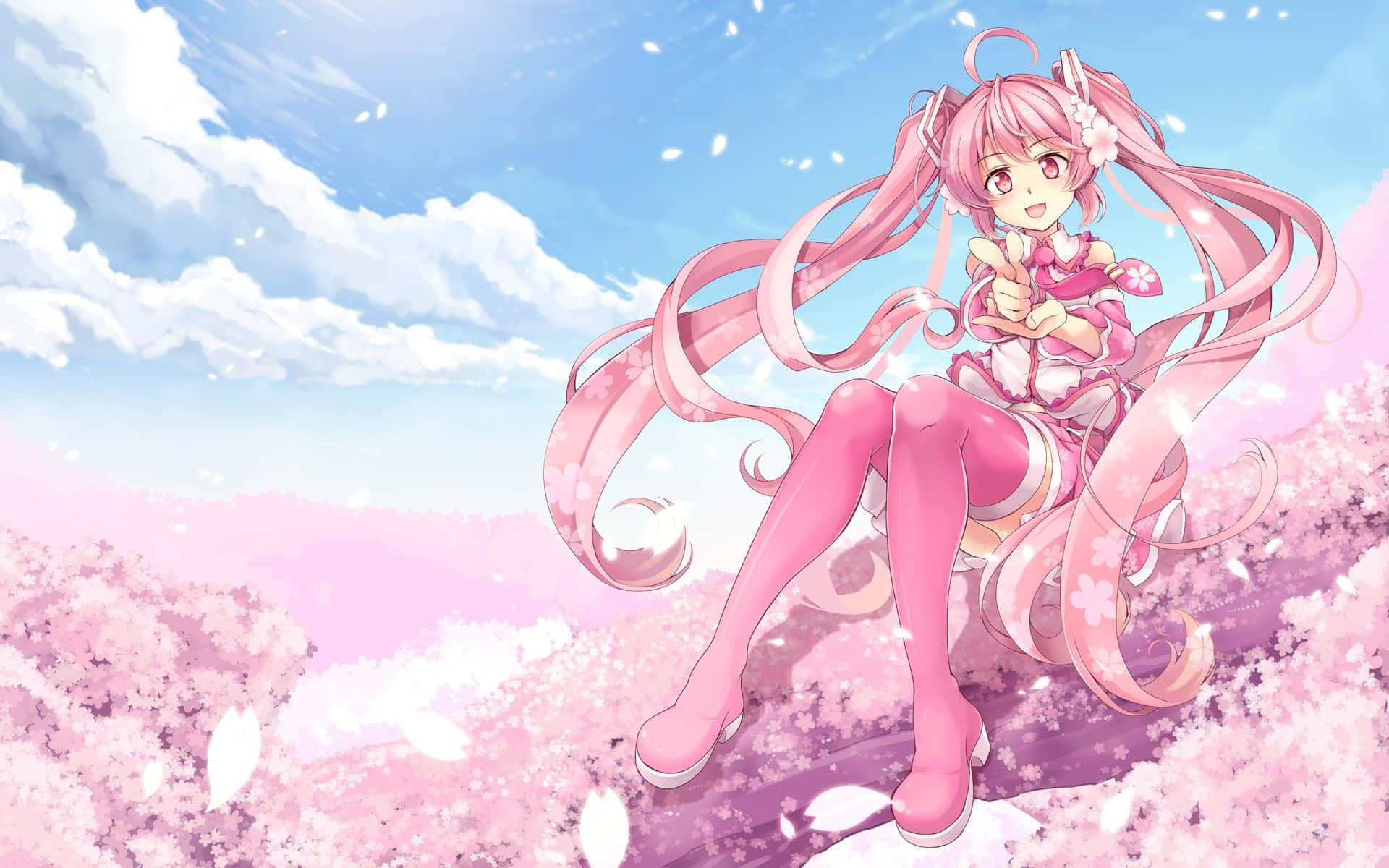 pink-haired anime girl, pink outfit, hill of blooming cherry blossoms, Full HD Desktop Wallpaper