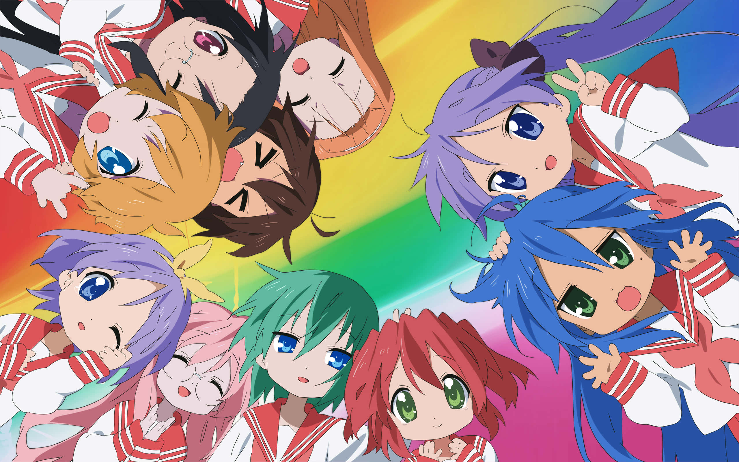 anime girls, red and white sailor uniforms, vibrant rainbow gradient background, 2K Desktop Wallpaper
