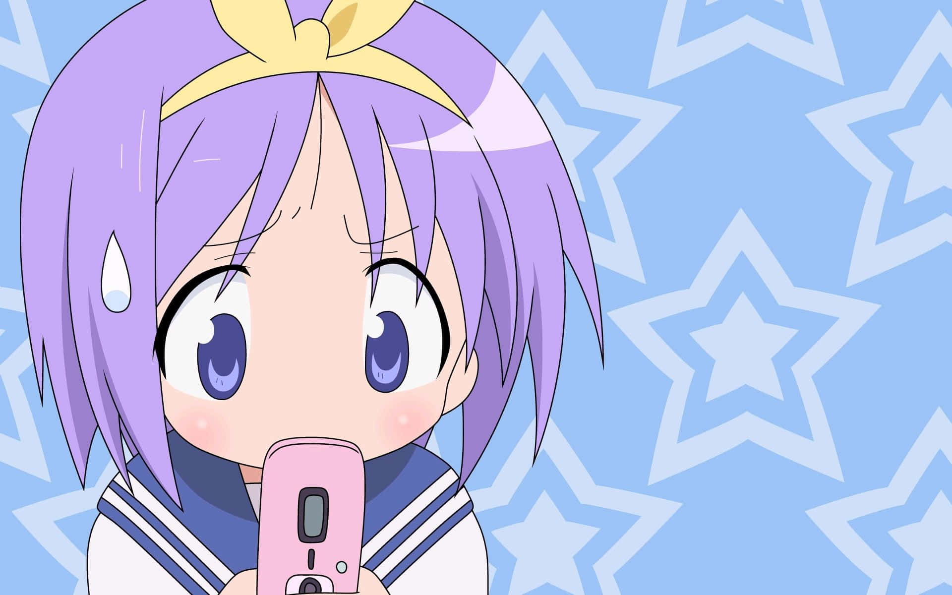 chibi anime girl, purple hair, yellow bow, Full HD Desktop Wallpaper