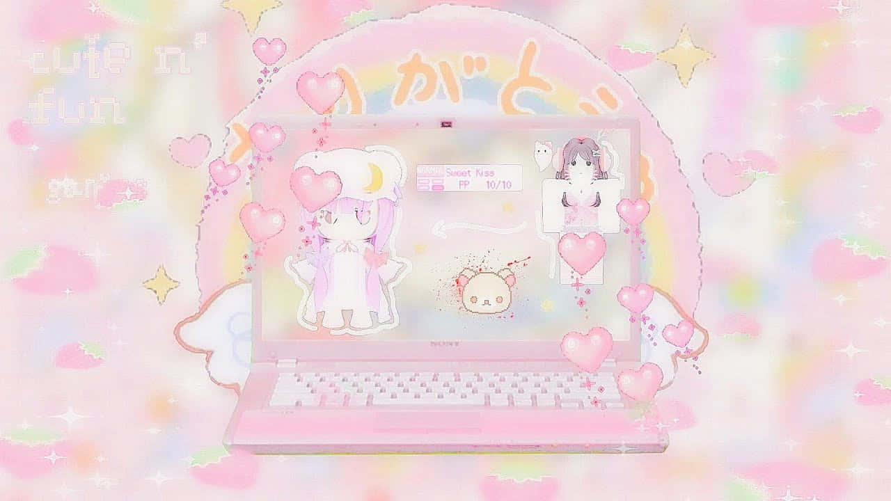 pastel pink laptop, cute anime characters, floating hearts, HD Desktop Wallpaper