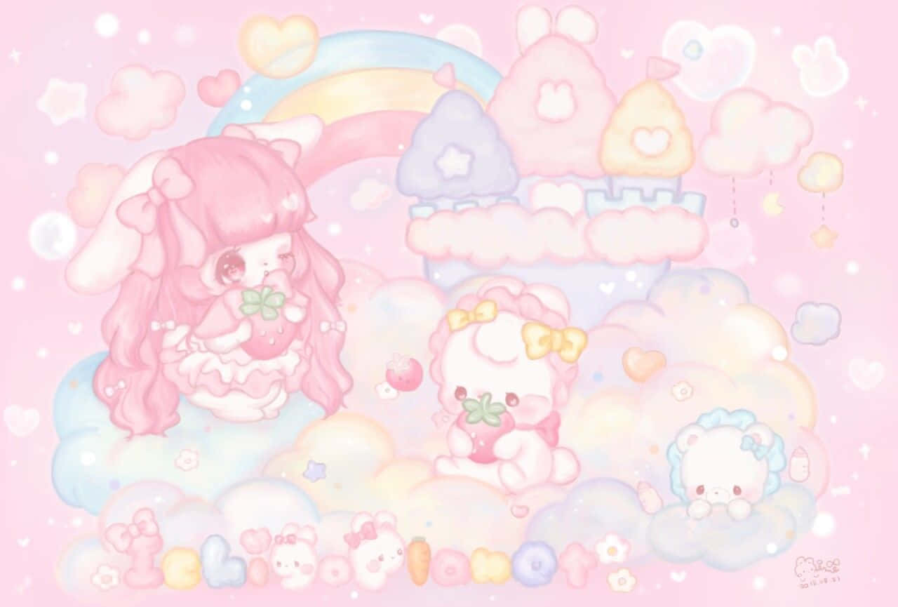 pastel clouds, rainbow castle, floating hearts, HD Desktop Wallpaper