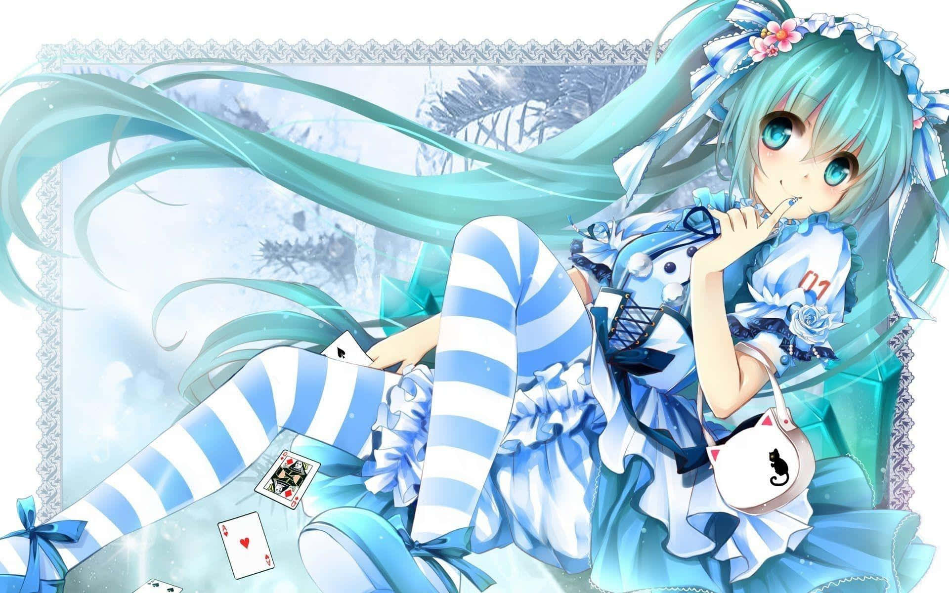blue striped anime girl, turquoise hair, blue dress, Full HD Desktop Wallpaper