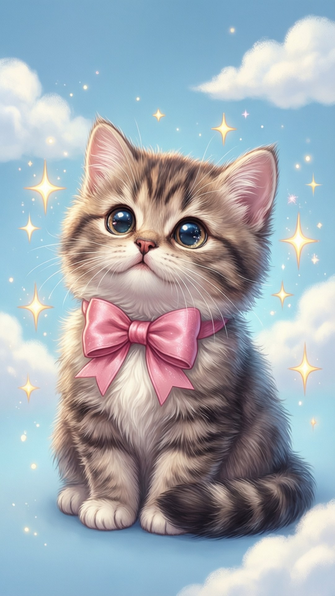 kawaii cat, stars, sparkles, Full HD Phone Wallpaper