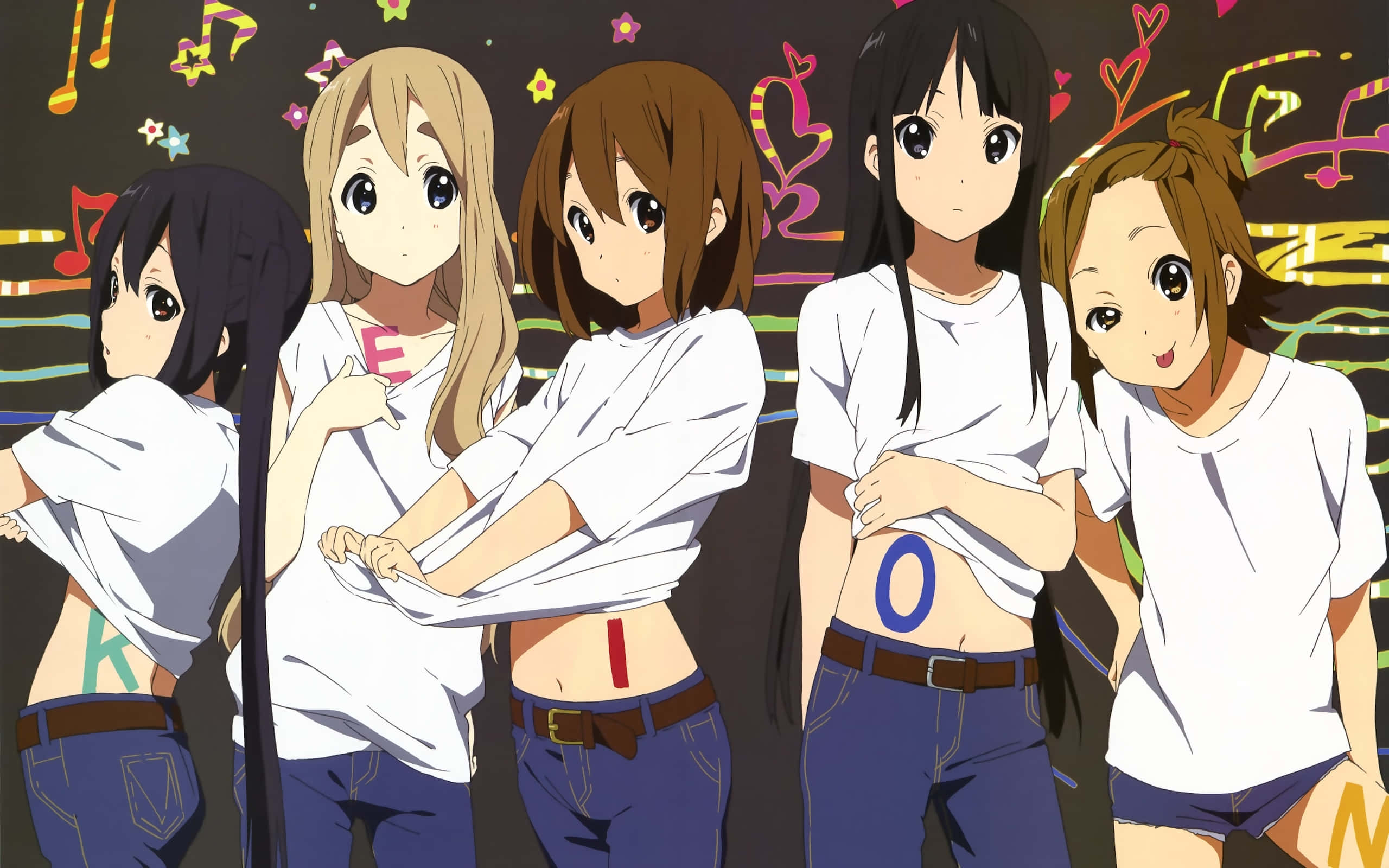 Animated Music Band, anime girls, white shirts, 2K Desktop Wallpaper