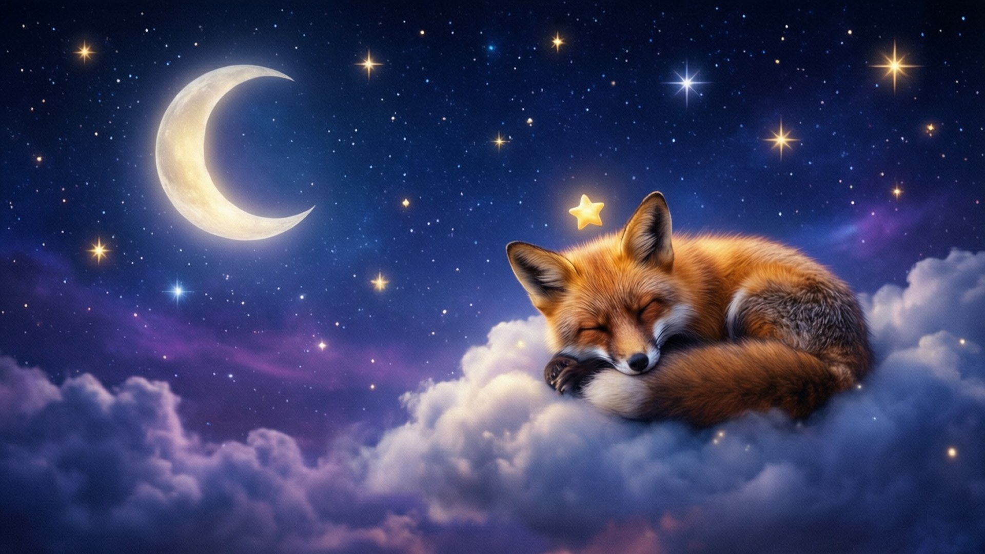 sleeping fox, cloud, crescent moon, Full HD Desktop Wallpaper
