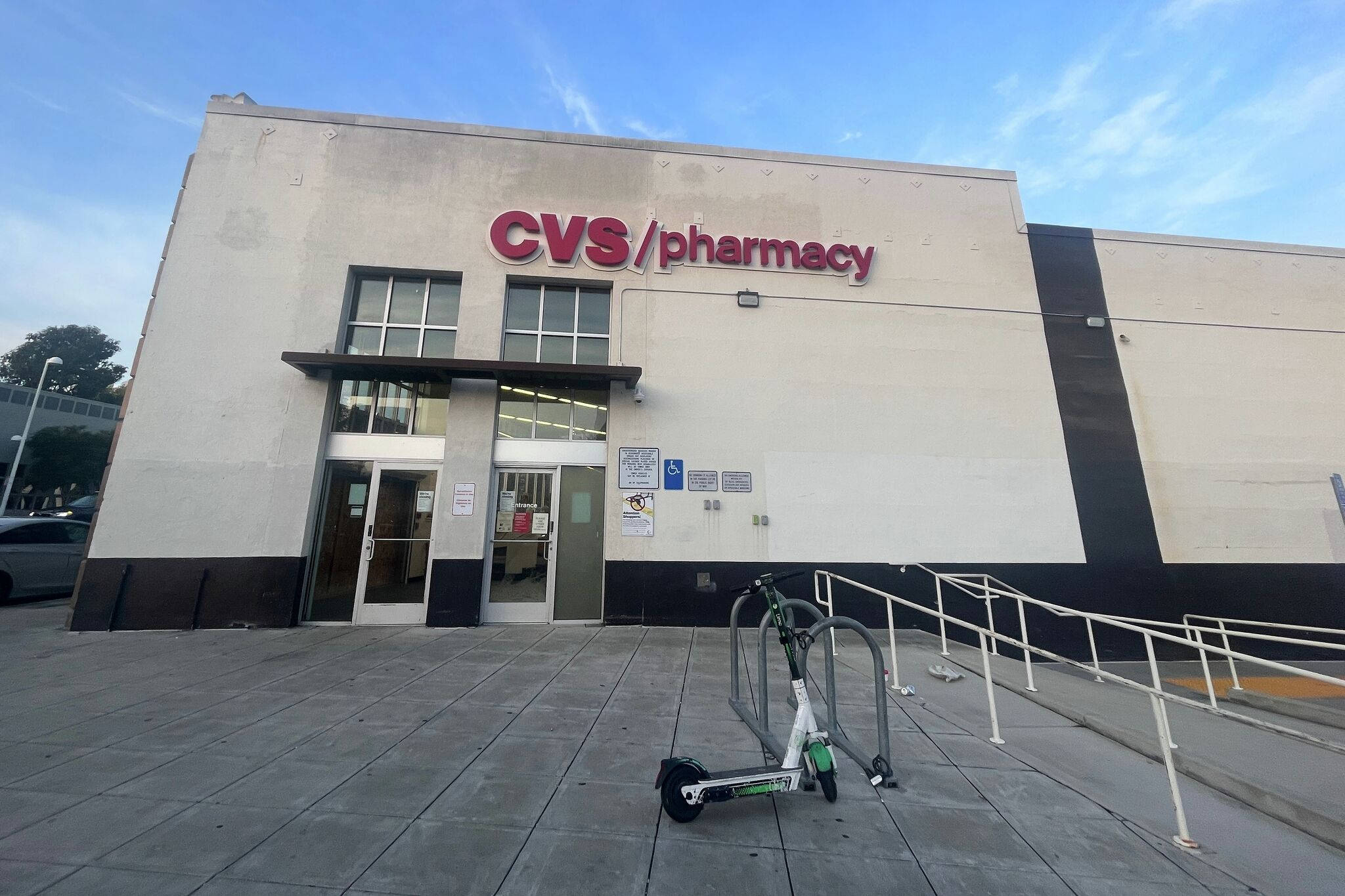 CVS, green scooter, tiled sidewalk, Full HD Desktop Wallpaper