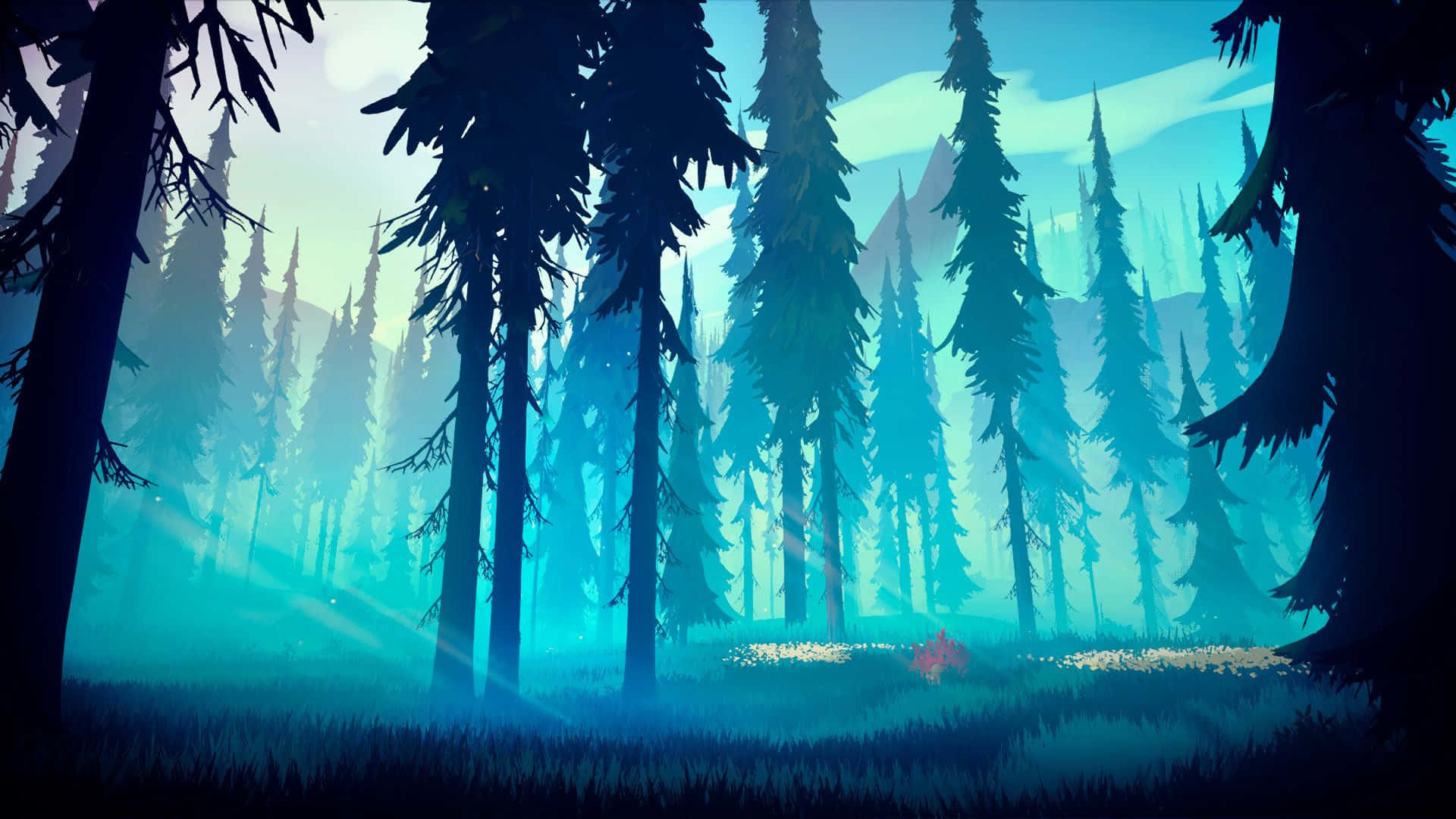 cyan aesthetic, sunlight beams, towering pine trees, Full HD Desktop Wallpaper