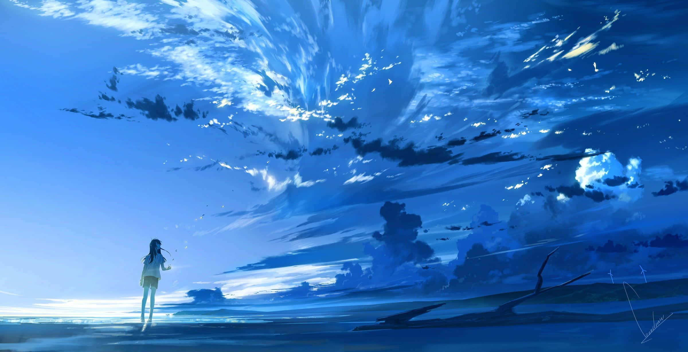 cyan aesthetic, blue shoreline, swirling sky, Full HD Desktop Wallpaper