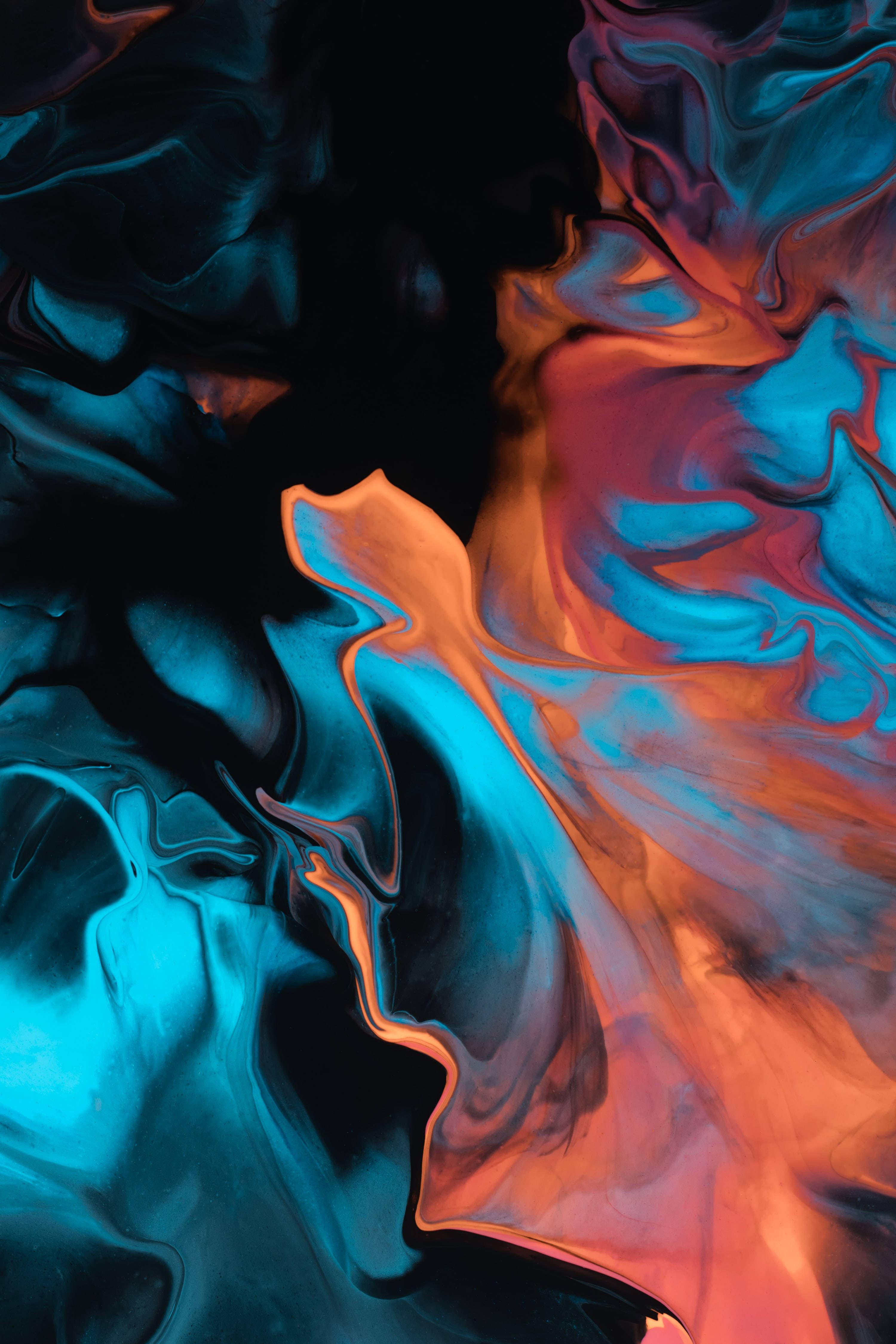 Cyan, Orange, Abstract Marble, 4K Phone Wallpaper