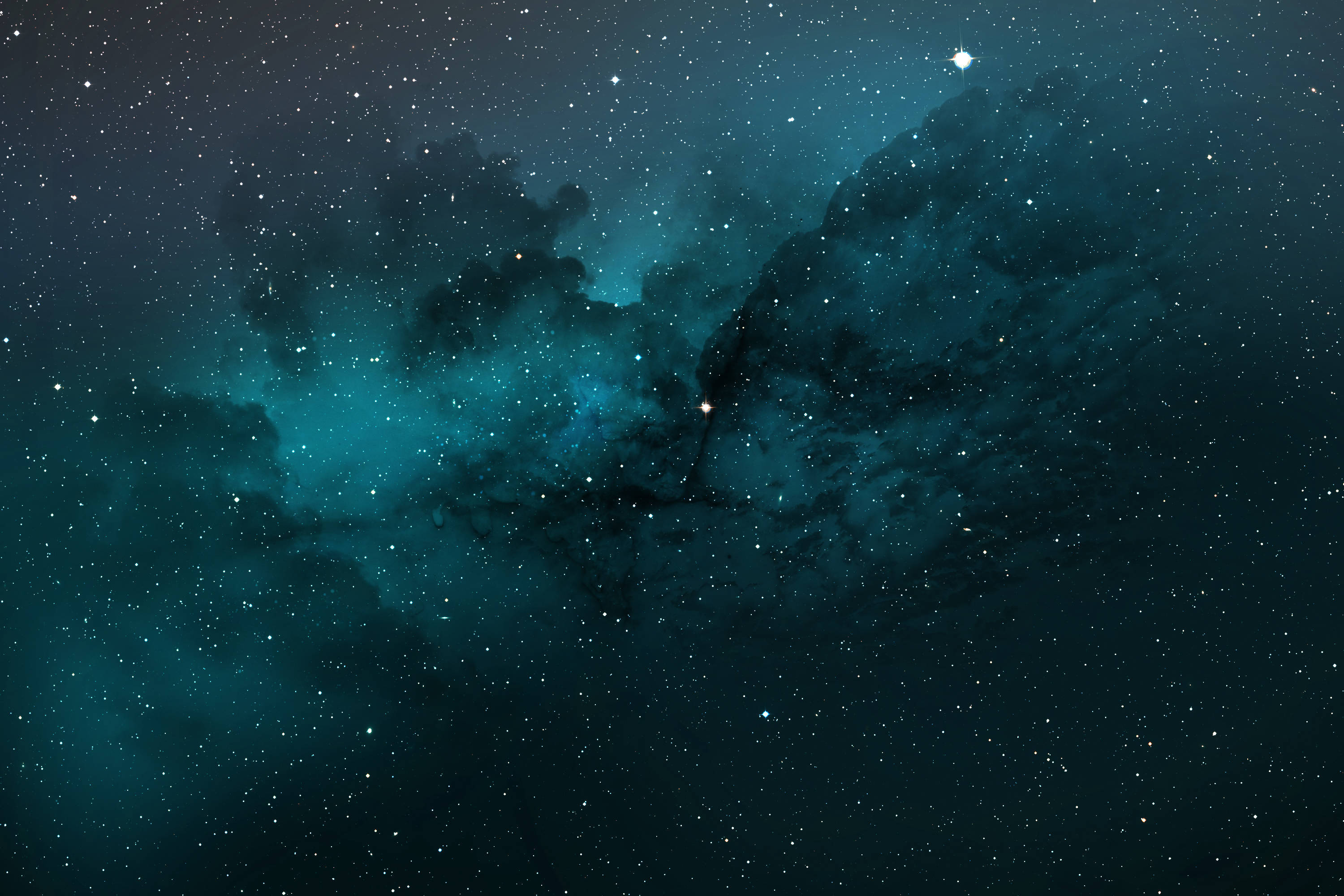 Cyan Stars Galaxy Clouds, teal, black, 2K Desktop Wallpaper