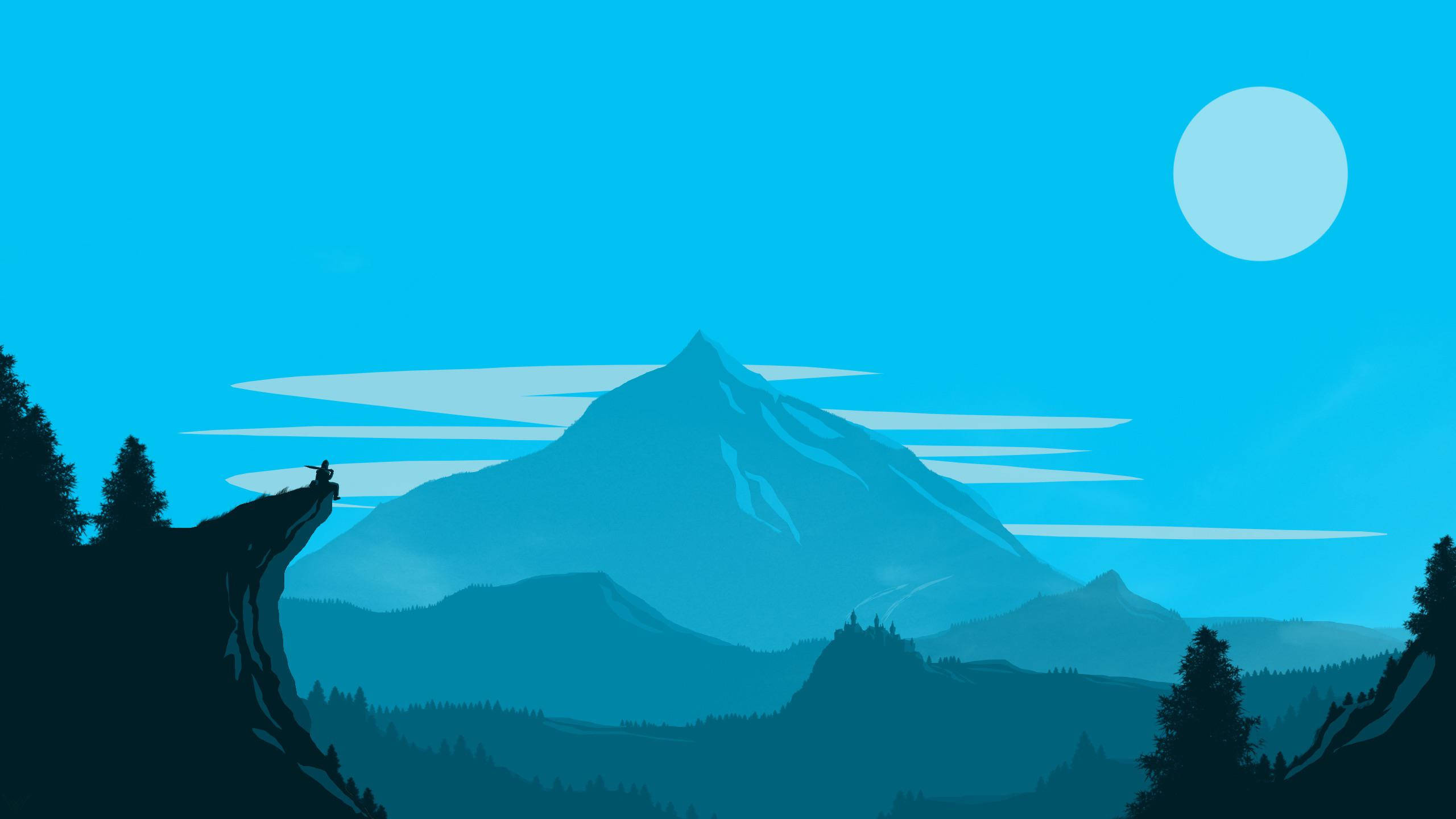 Cyan Mountain, moon, cliff edge, 2K Desktop Wallpaper