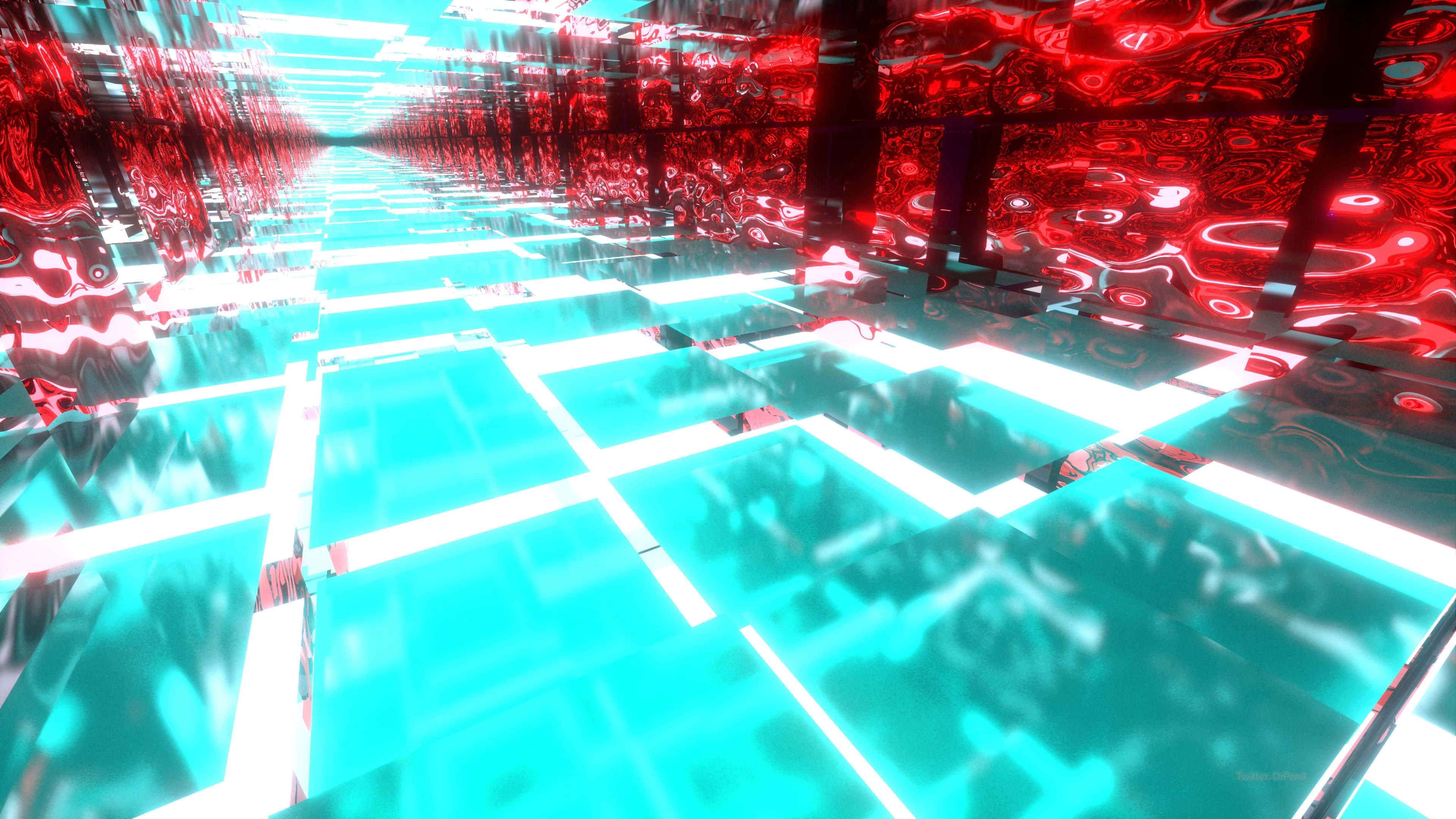 Cyan Aesthetic, glowing cyan tiles, red neon walls, 4K Desktop Wallpaper