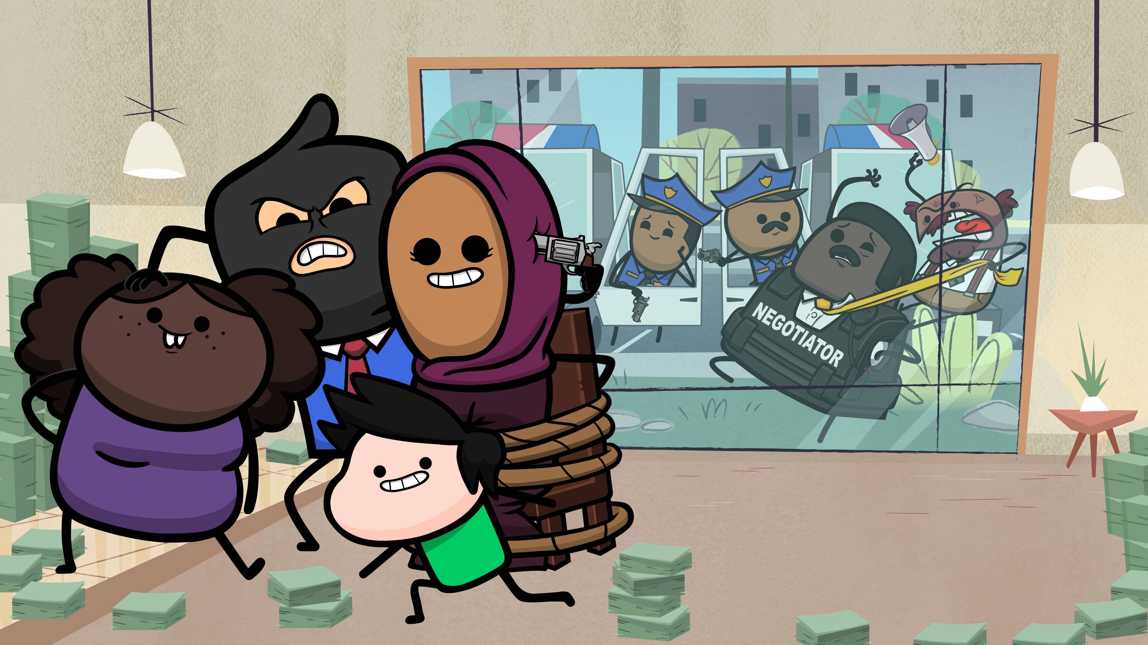 Cyanide And Happiness, hostage taking, cartoon heist crew, 4K Desktop Wallpaper