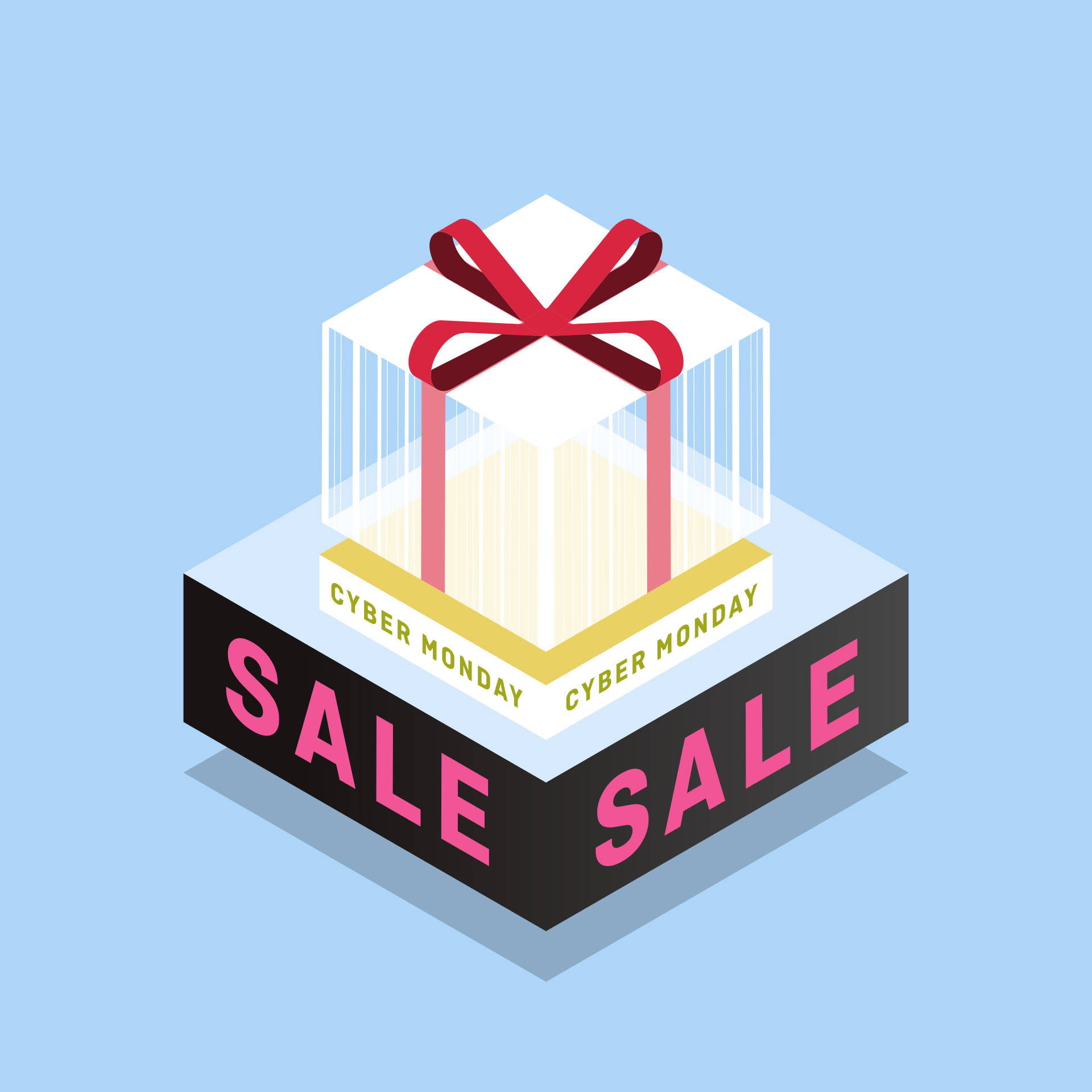 Cyber Monday, transparent gift box, red bow, Full HD Desktop Wallpaper