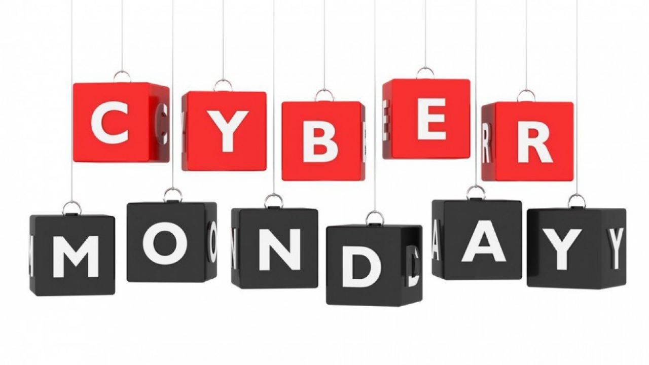 CYBER MONDAY, red and black hanging cubes, clean white background, HD Desktop Wallpaper