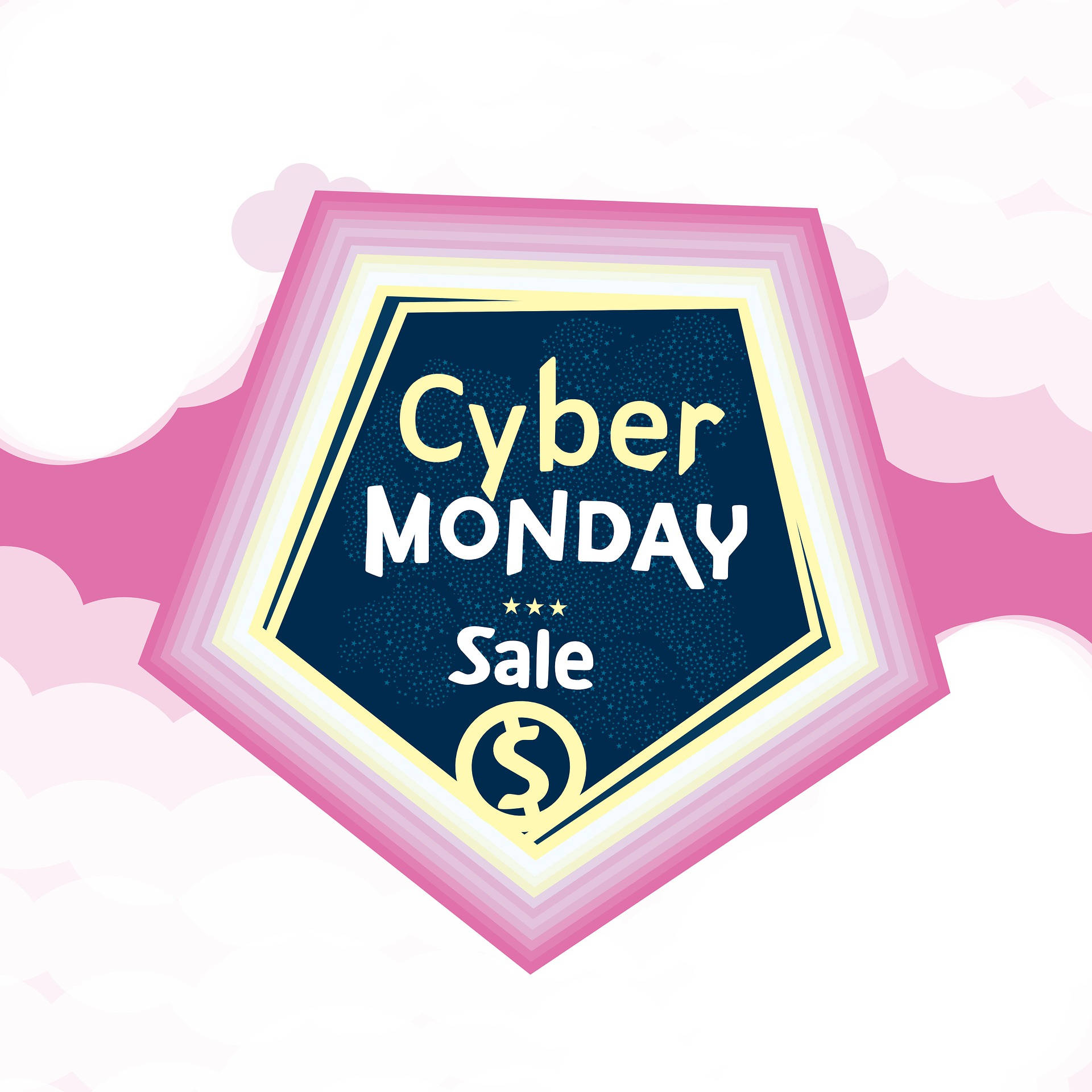 Cyber Monday, pink cloud background, layered hexagonal frame, Full HD Desktop Wallpaper