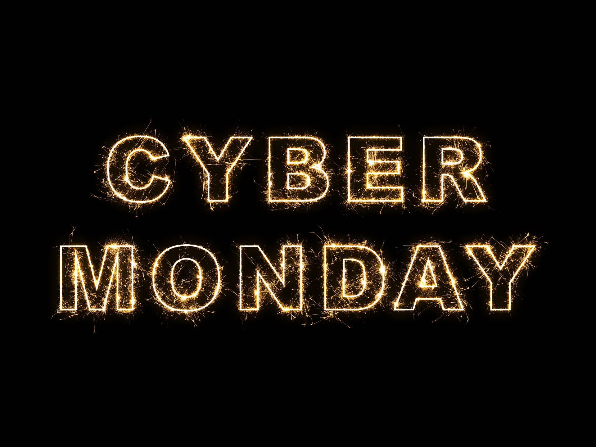 Cyber Monday, black background, glowing golden sparklers, Full HD Desktop Wallpaper