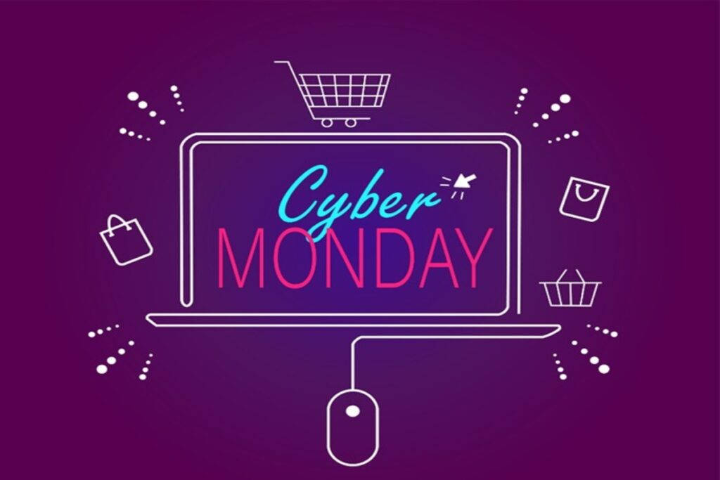 Cyber Monday, laptop, shopping icons, SD Desktop Wallpaper