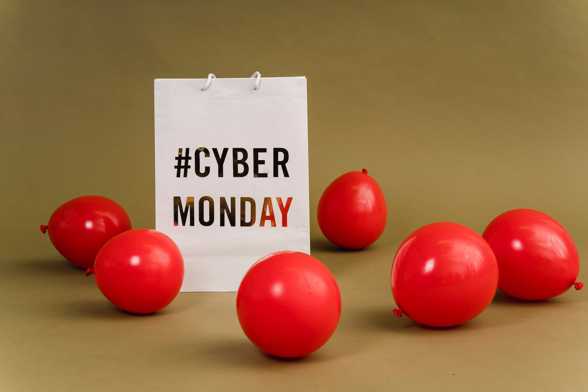 Cyber Monday, white shopping bag, vibrant red balloons, Full HD Desktop Wallpaper