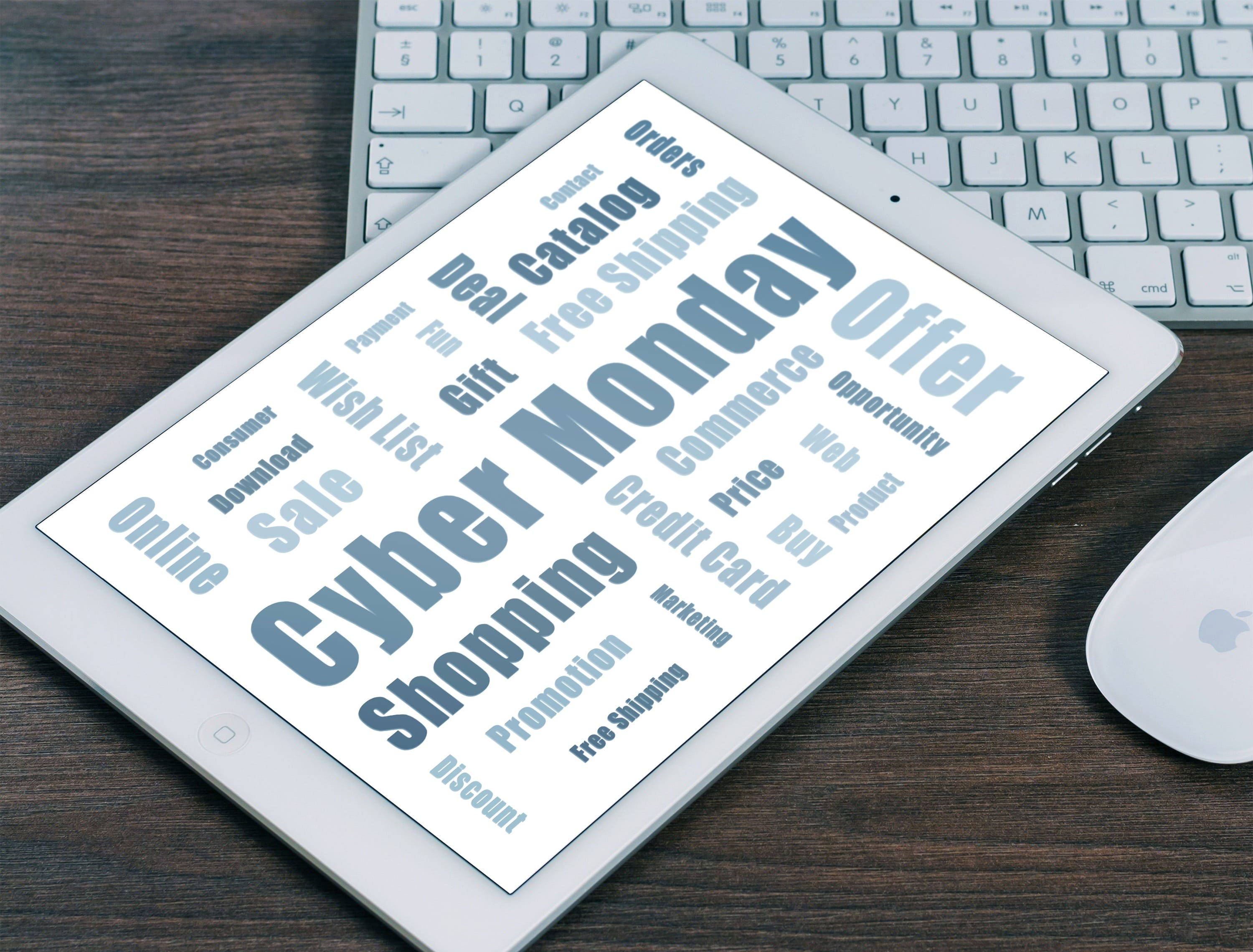 Cyber Monday, tablet, wooden desk, 2K Desktop Wallpaper