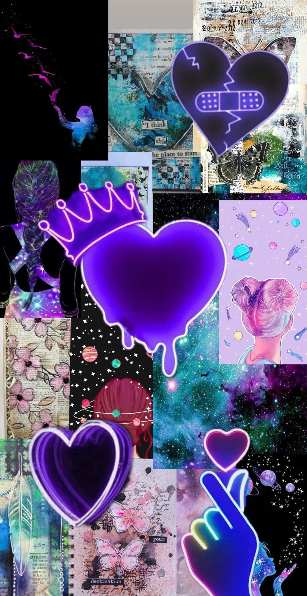 Cyber Purple Y2k Aesthetic, purple glowing hearts, cosmic elements, Full HD Phone Wallpaper