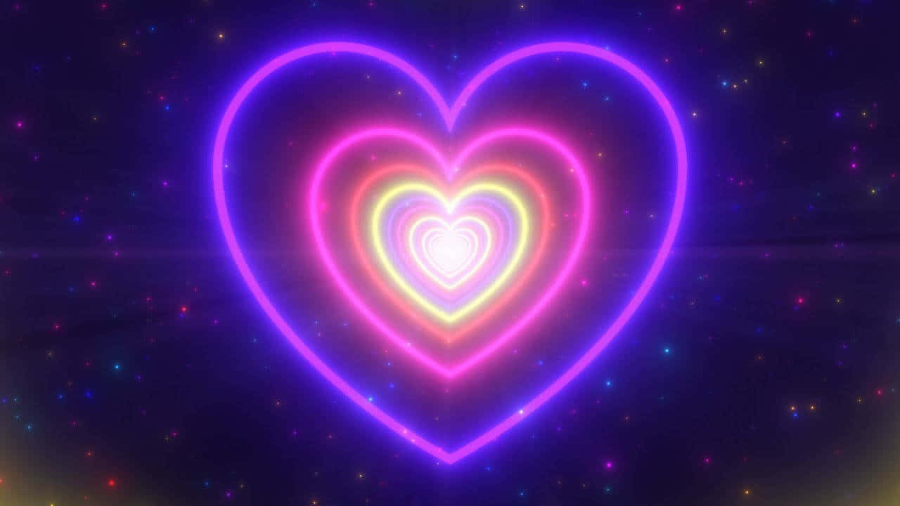 neon heart, glowing multicolored neon heart tunnel, starry cosmic night sky, HD Desktop Wallpaper