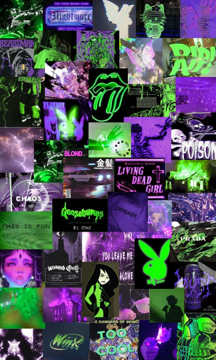 Cyber Purple Y2 K Collage, neon green, purple, SD Phone Wallpaper