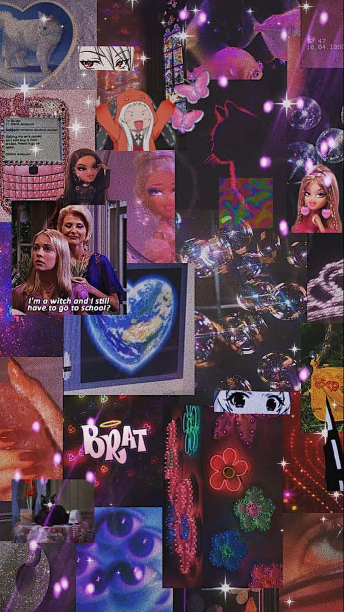 Cyber Purple Y2 K Collage Aesthetic, anime characters, pop culture icons, SD Phone Wallpaper