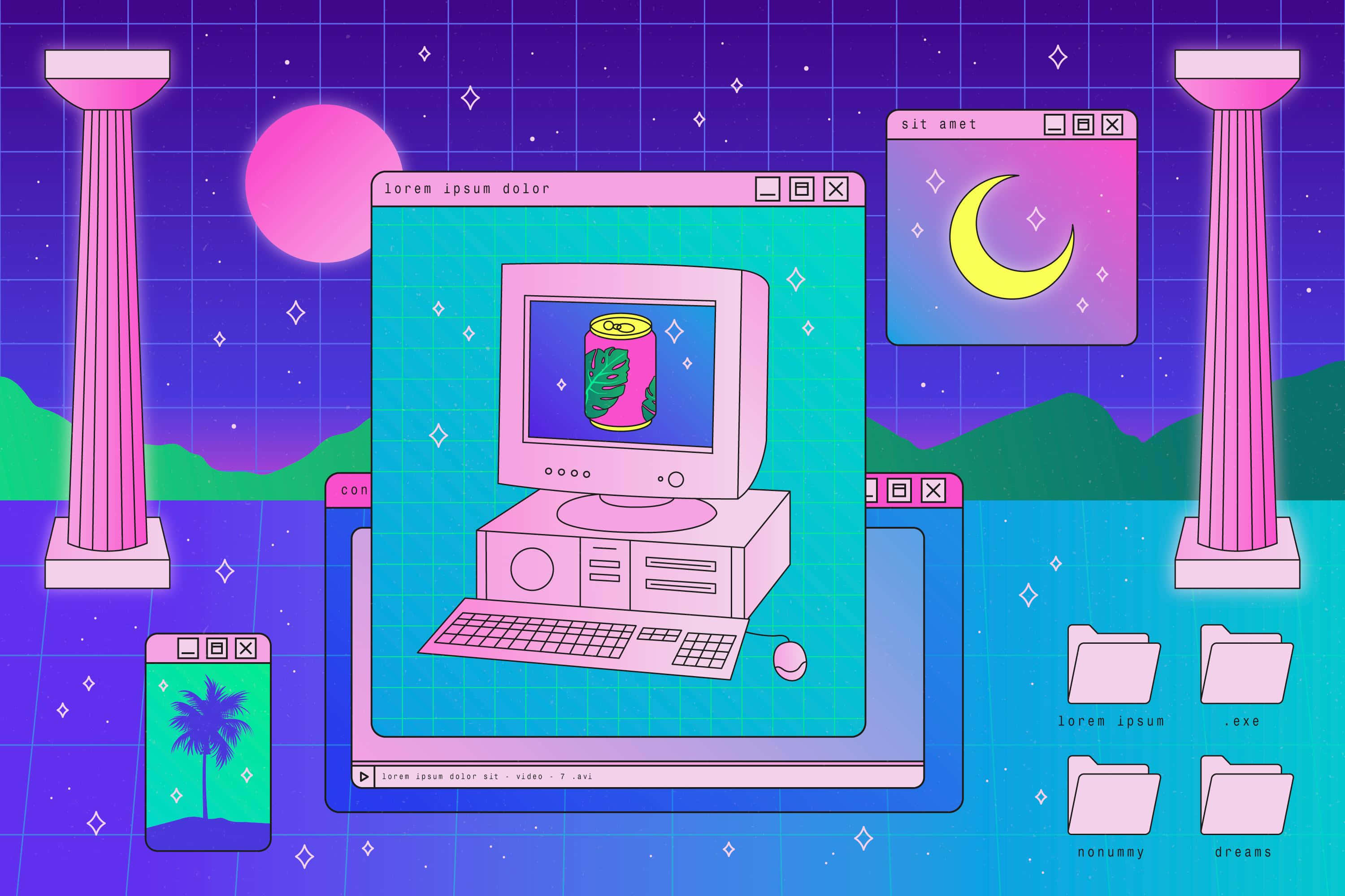 Cyber Y2 K Aesthetic, neon moon, pink columns, 2K Desktop Wallpaper