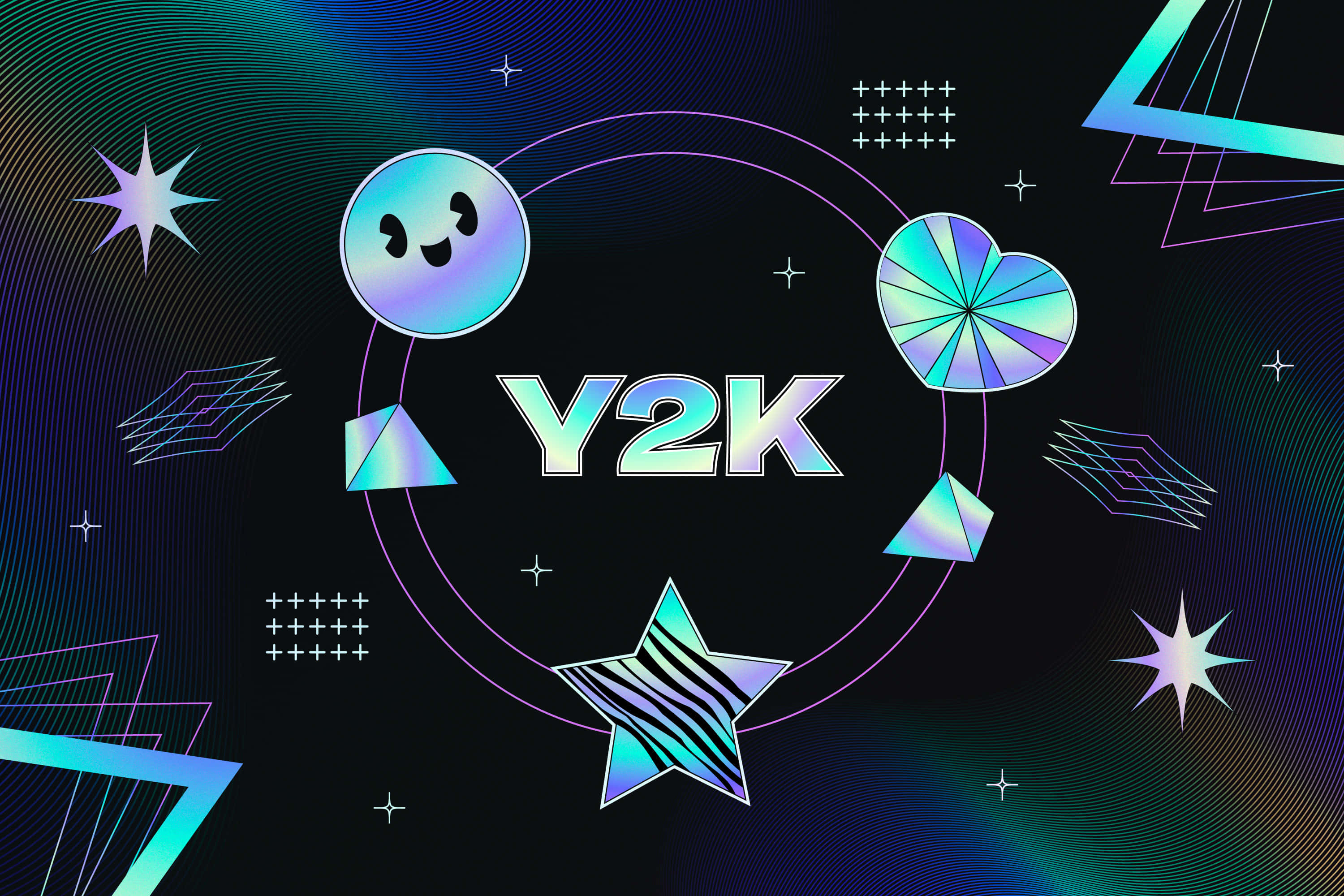 Cyber Y2 K Aesthetic, holographic smiley heart star, geometric shapes, 2K Desktop Wallpaper