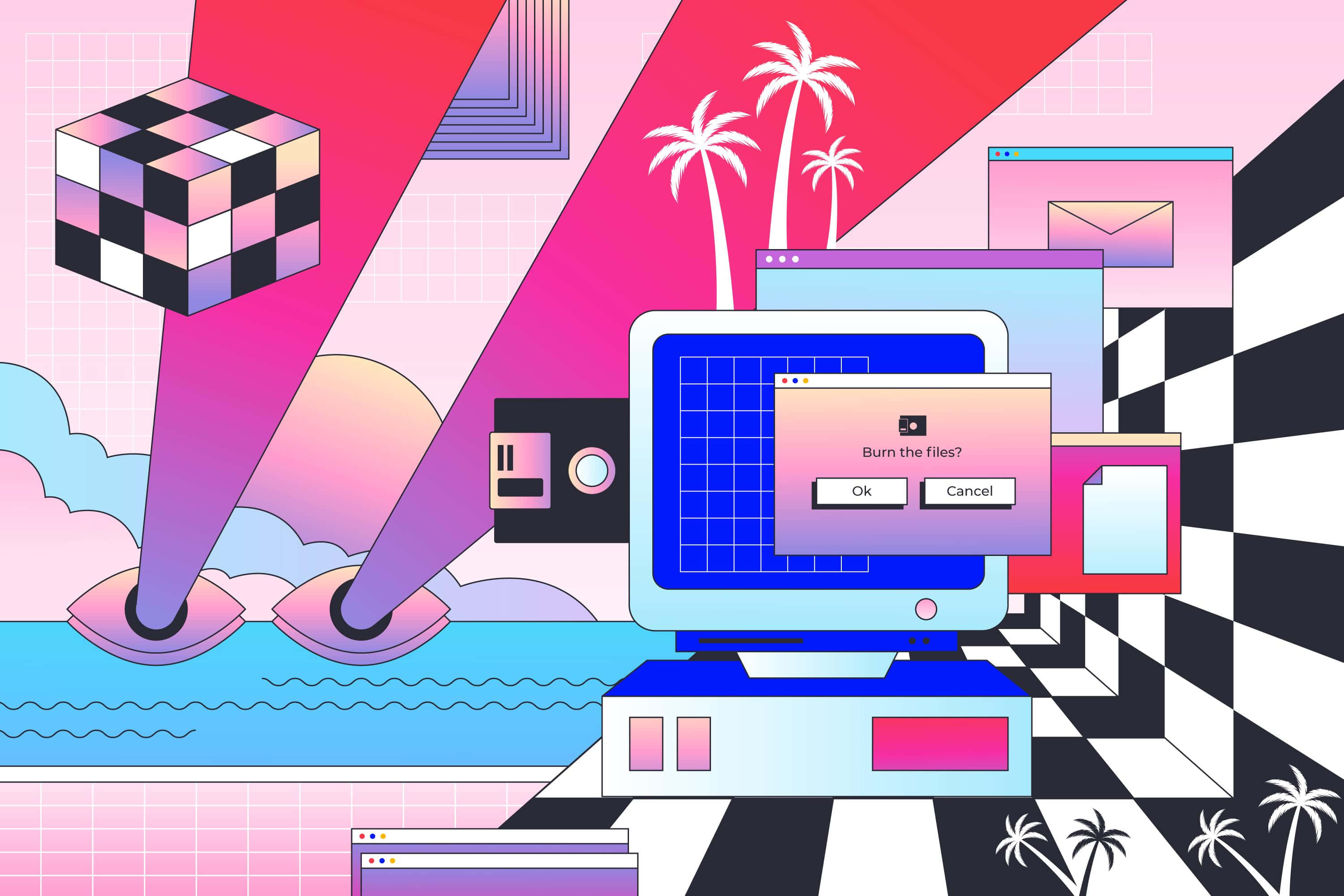 Cyber Y2 K Aesthetic, pink sunset, palm trees, 2K Desktop Wallpaper