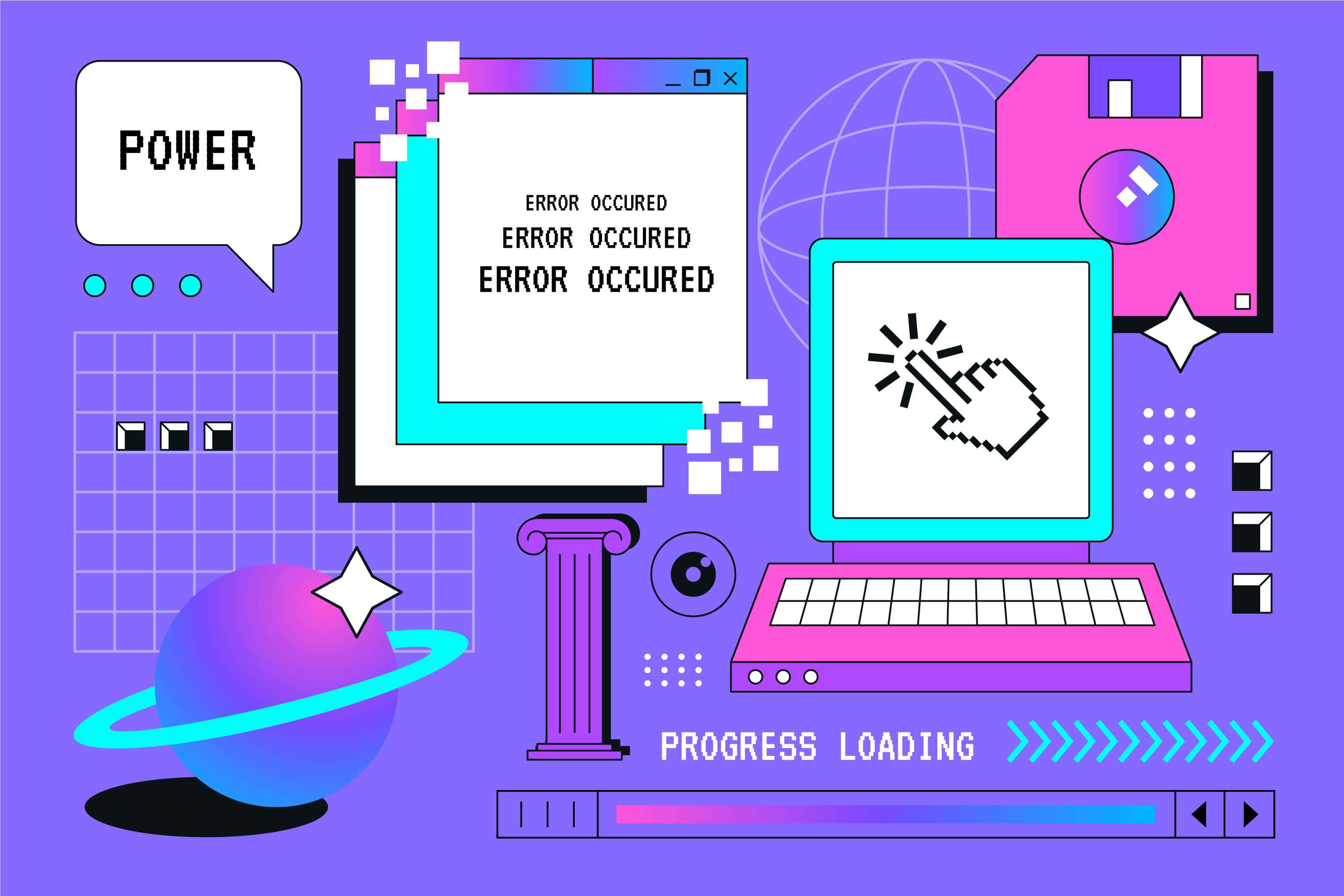 Cyber Y2 K Error Concept Illustration, pink laptop, error messages, 2K Desktop Wallpaper