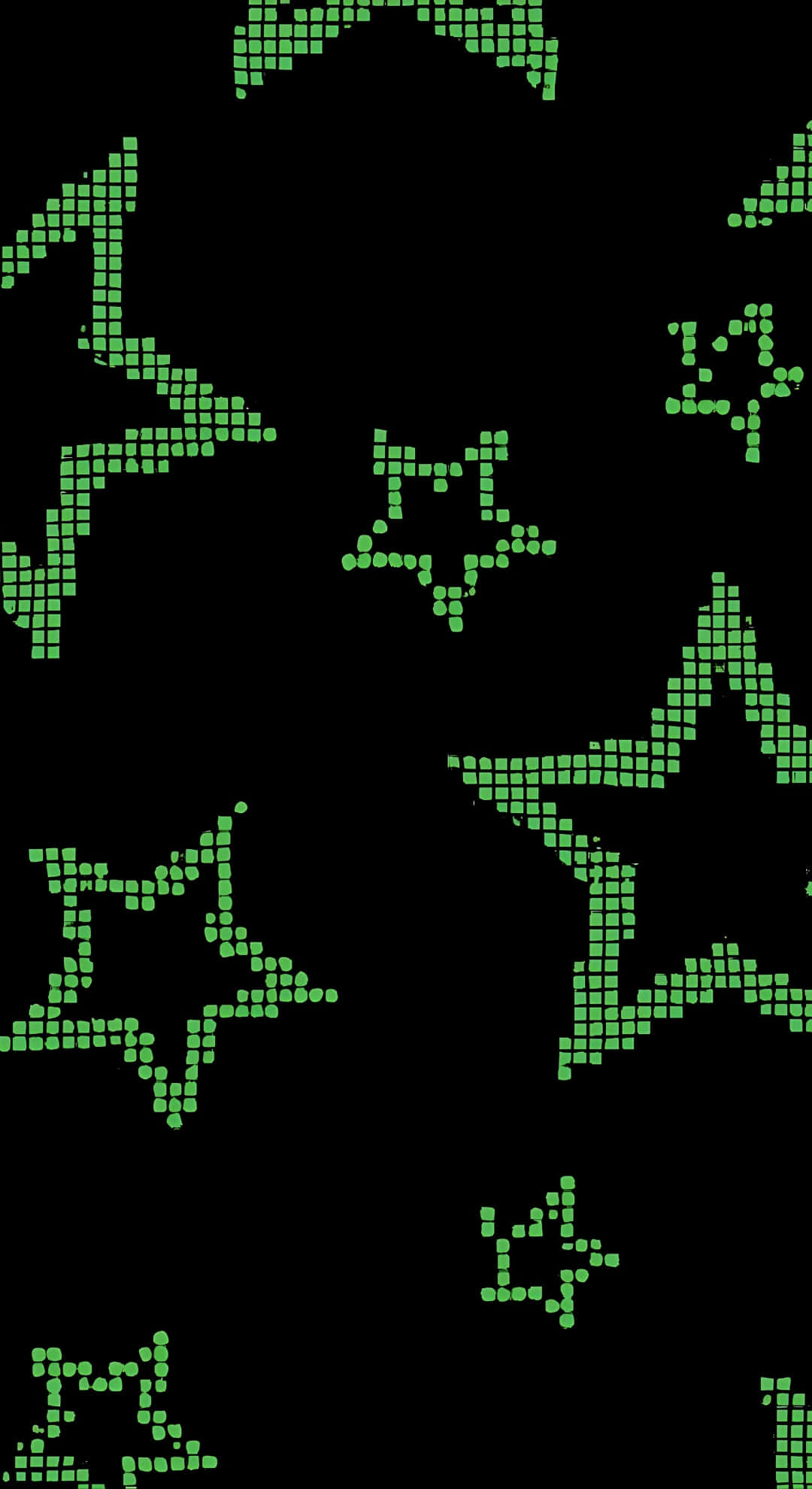Cyber Green Star Pixels, green pixelated stars, solid black background, Full HD Phone Wallpaper
