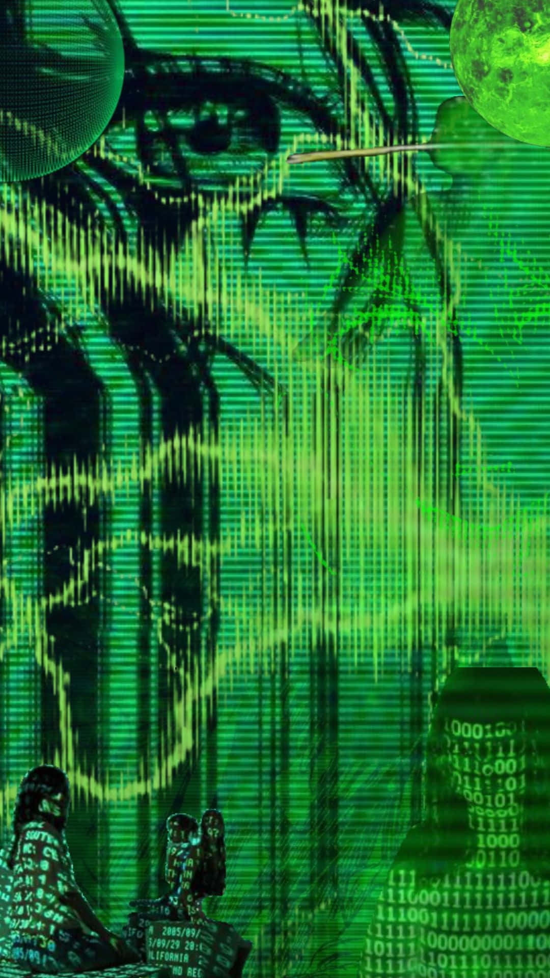 green cyberpunk scene, glitching text, floating spheres, Full HD Phone Wallpaper