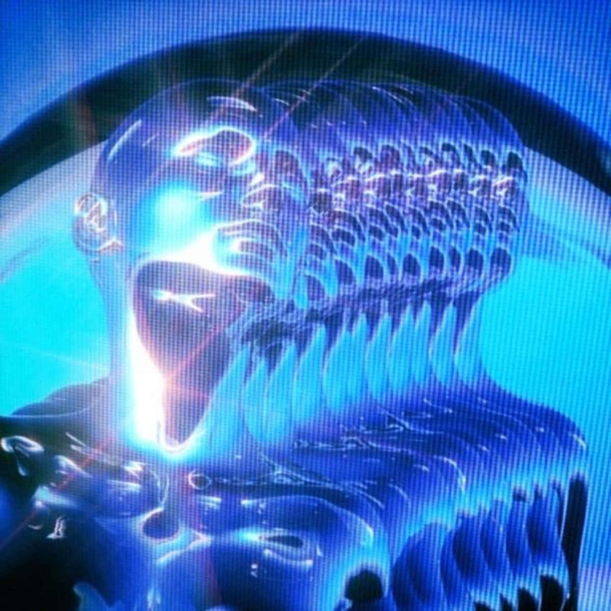 Cybercore Blue Digital Entity Aesthetic, glowing blue alien creature, gaping mouth, SD Desktop Wallpaper