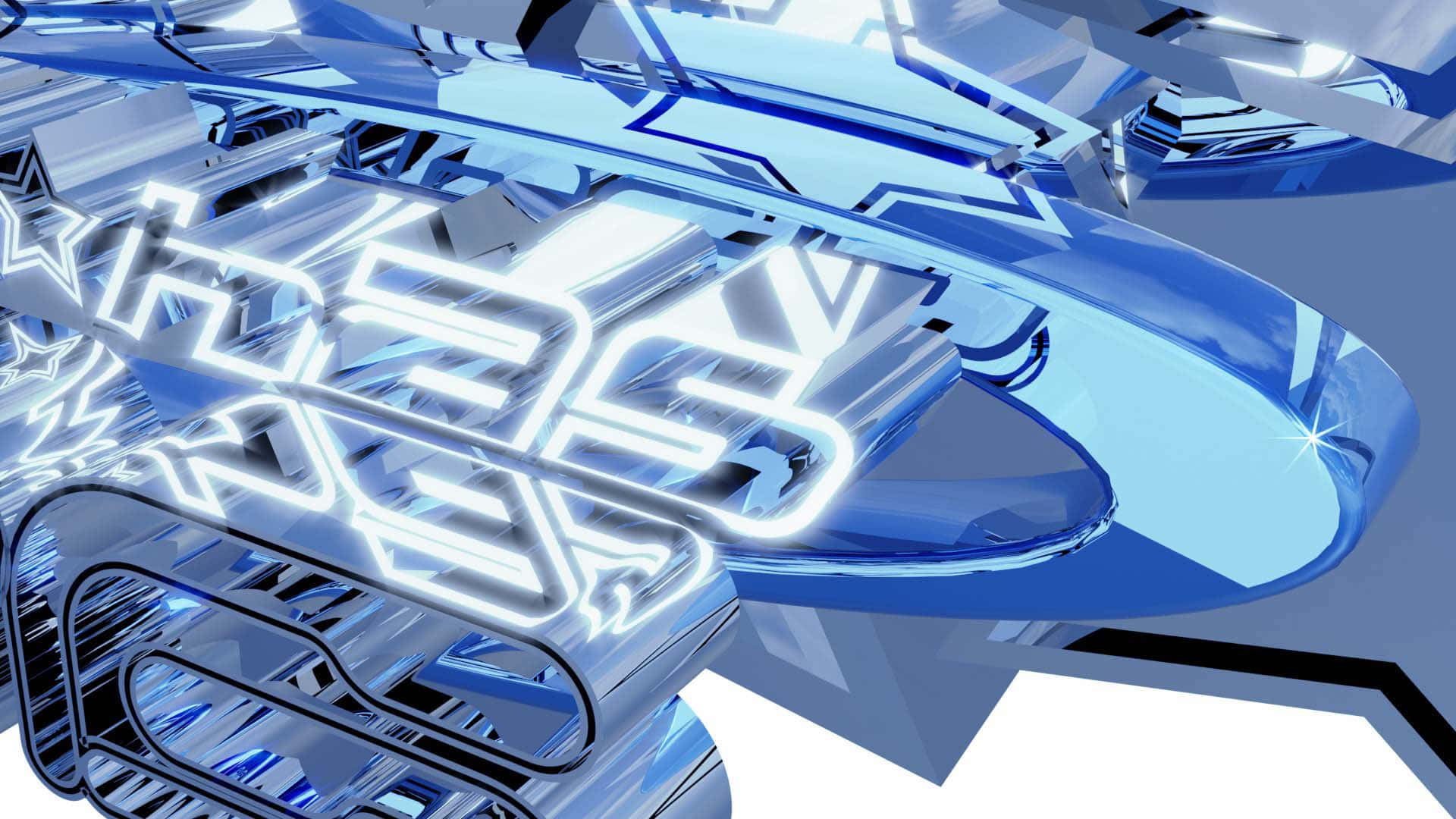 futuristic blue cyber laptop, glowing blue neon lines, chrome-like geometric shapes, Full HD Desktop Wallpaper