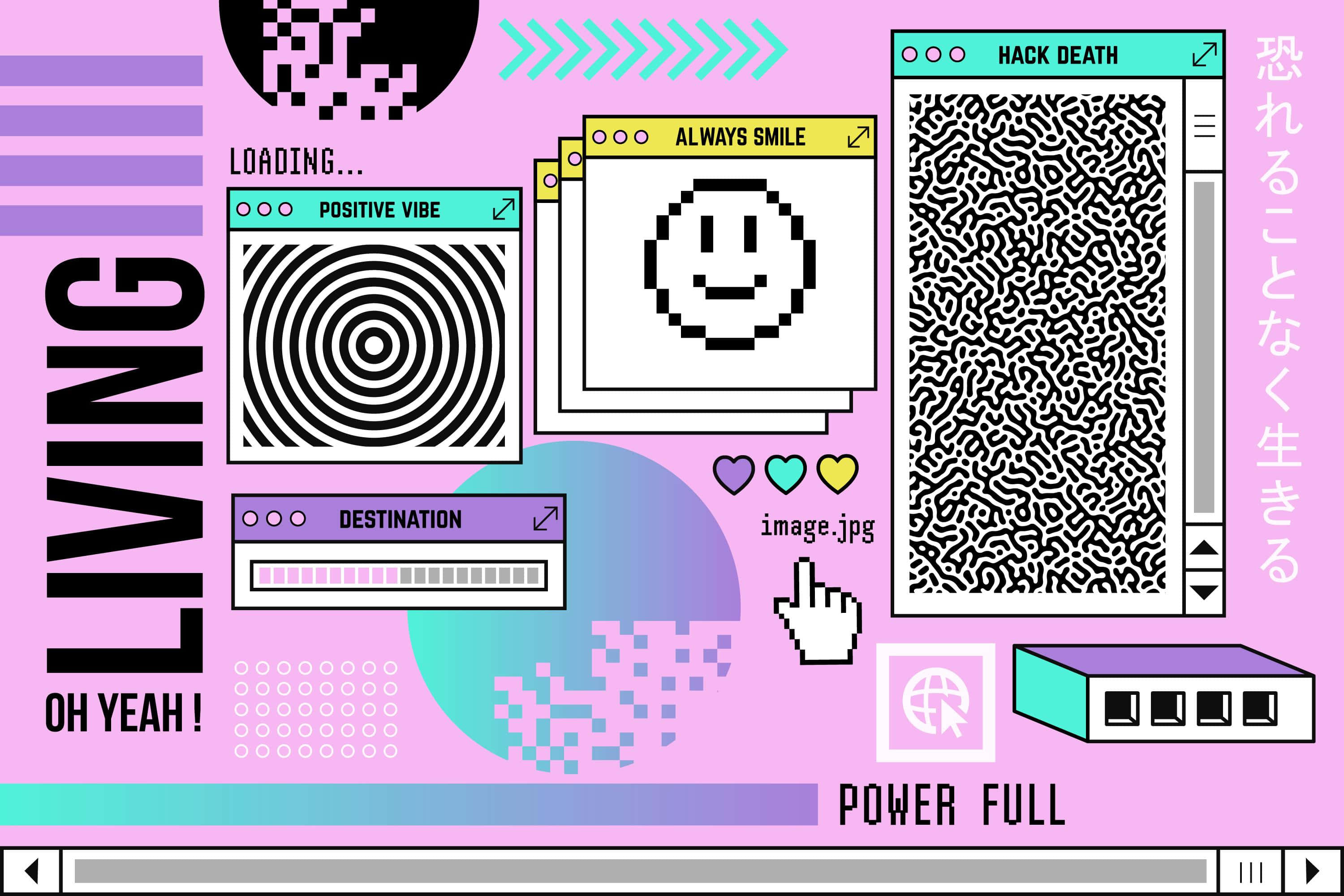 Cyber Y2 K Aesthetic Collage, vibrant pink, pixel art smiley faces, 2K Desktop Wallpaper