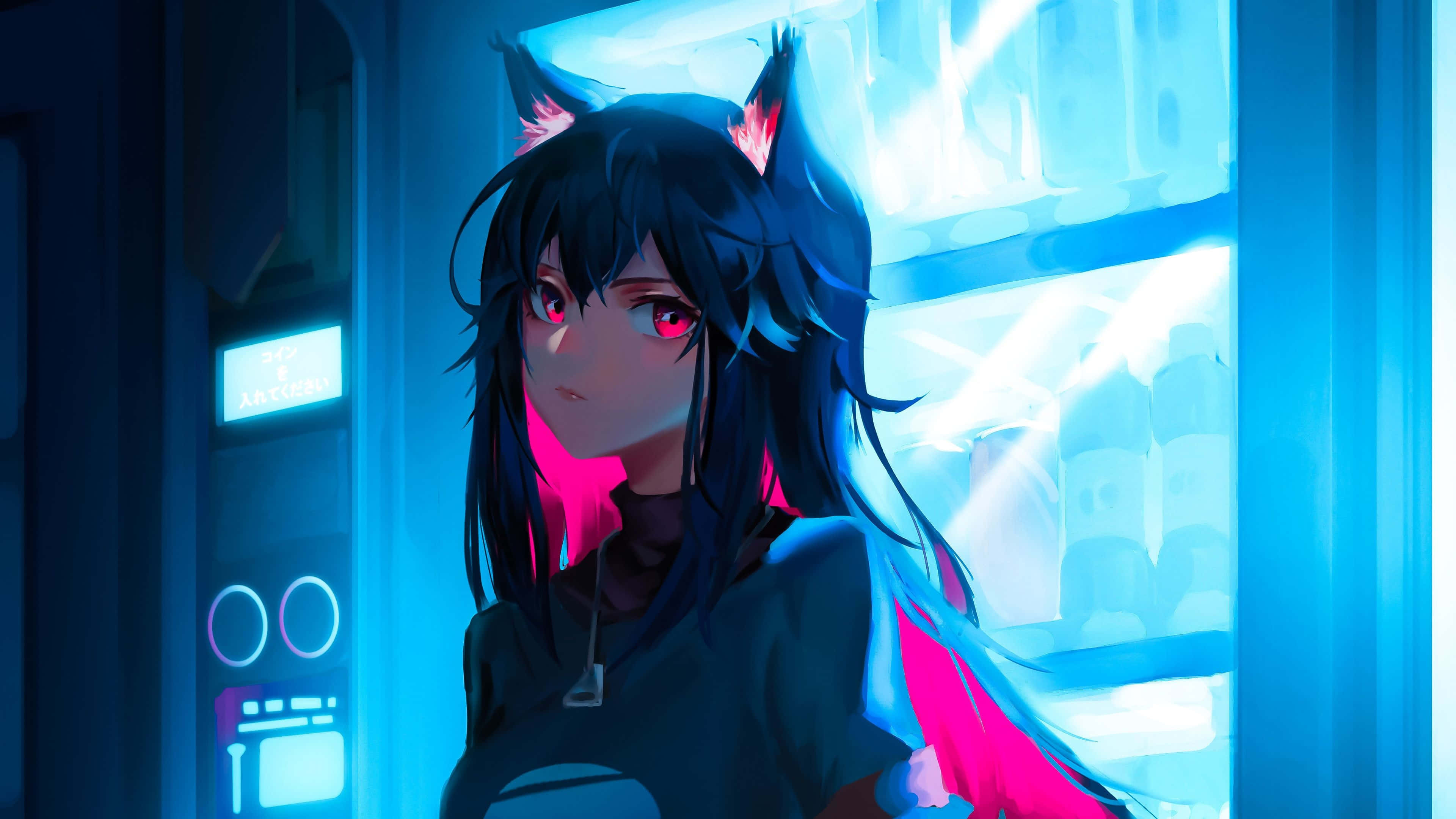Cyber Y2 K Anime Girl, neon-lit futuristic vending machine alcove, glowing red eyes, 4K Desktop Wallpaper